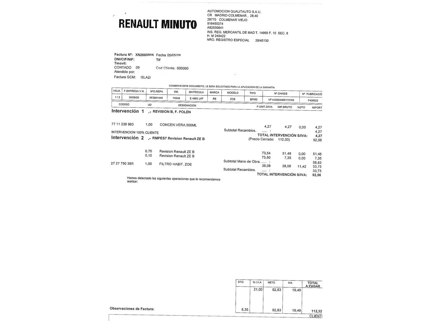 Foto del mantenimiento del Renault ZOE Renault Zoe Intens R110 Batería 50kWh (108 CV)