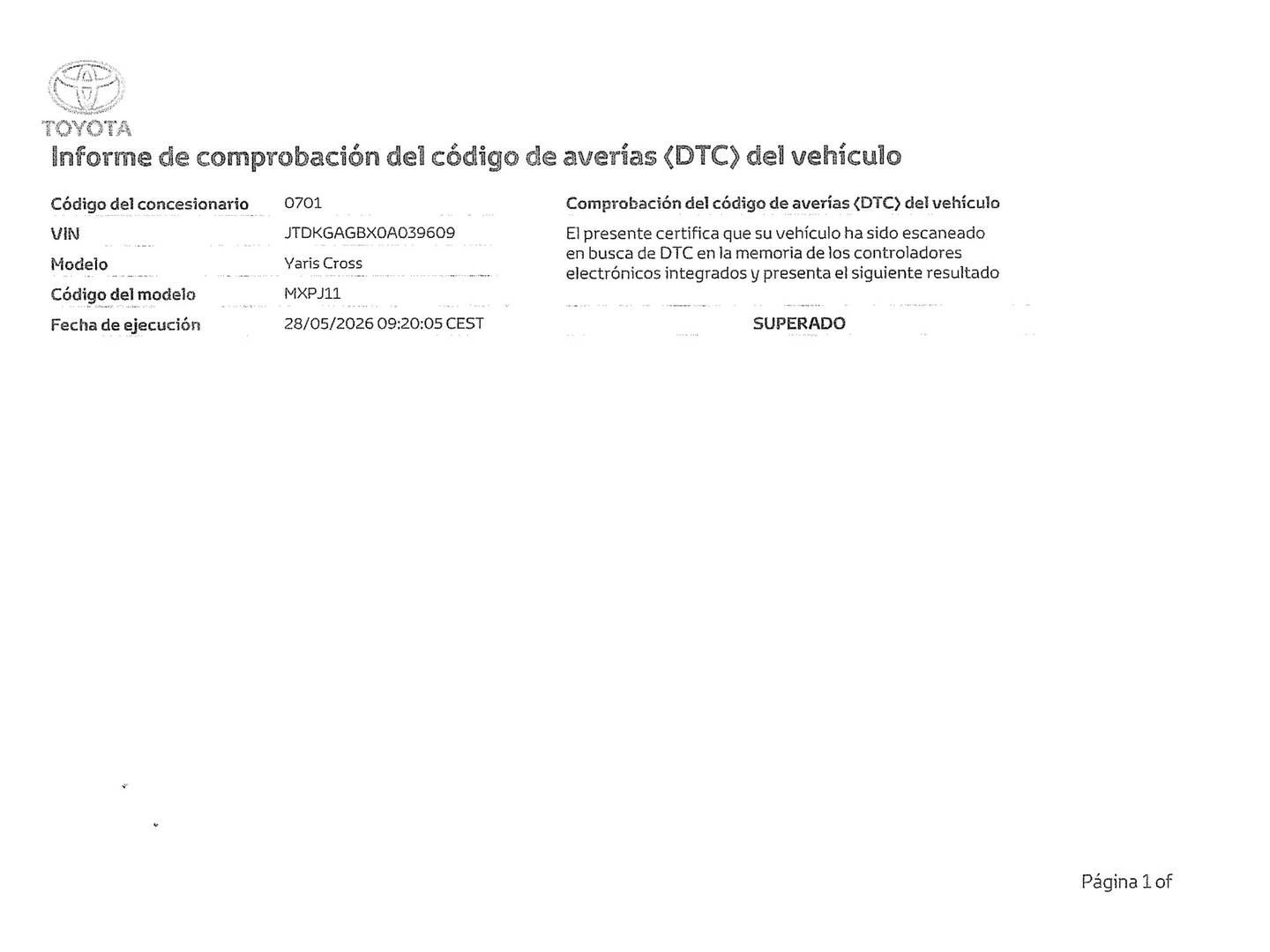 Foto del mantenimiento del Toyota Yaris Cross Toyota Yaris Cross 130H Style (130 CV)
