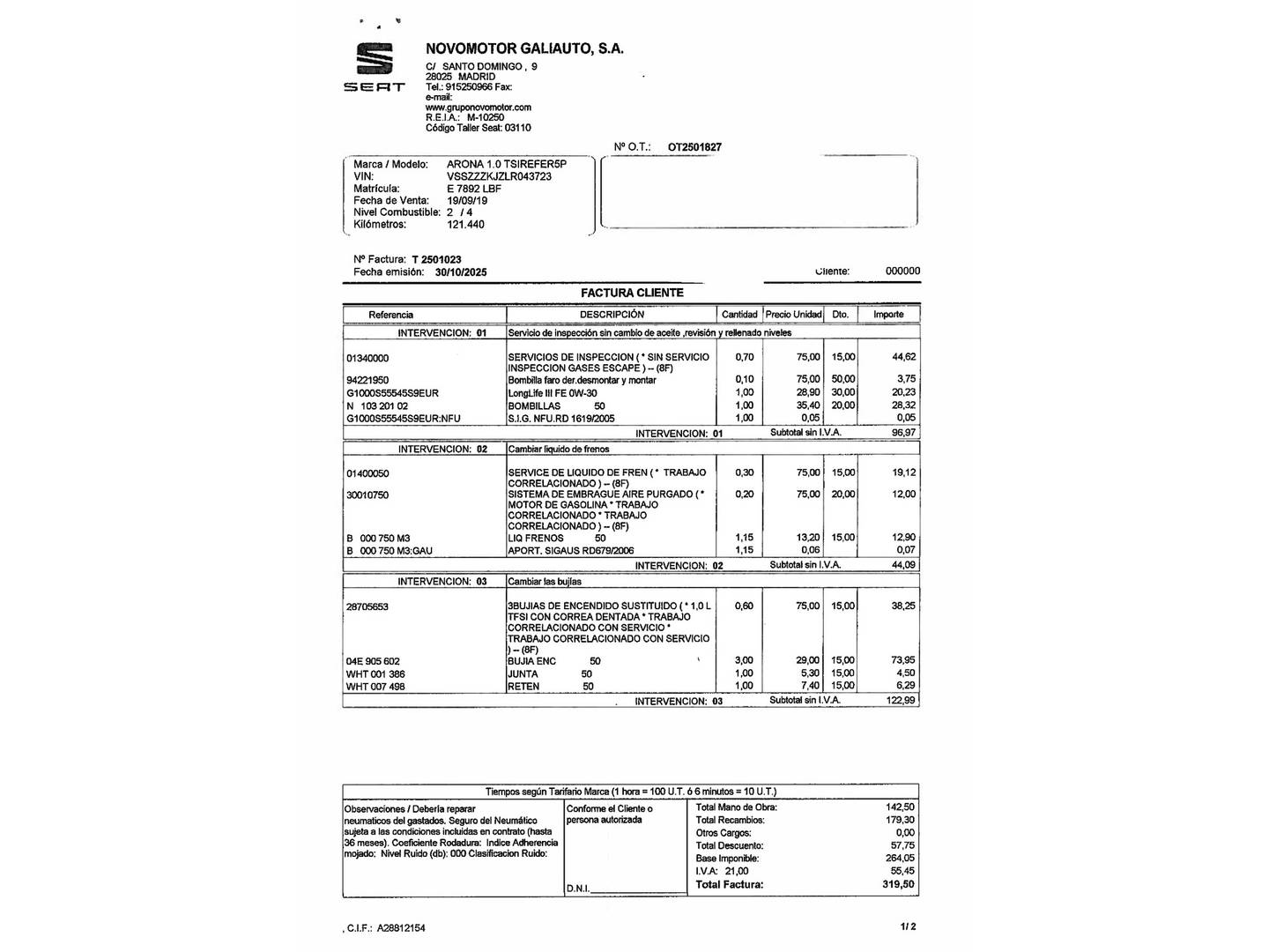 Foto del mantenimiento del Seat Arona SEAT Arona 1.0 TSI Reference Edition S&S (95 CV)