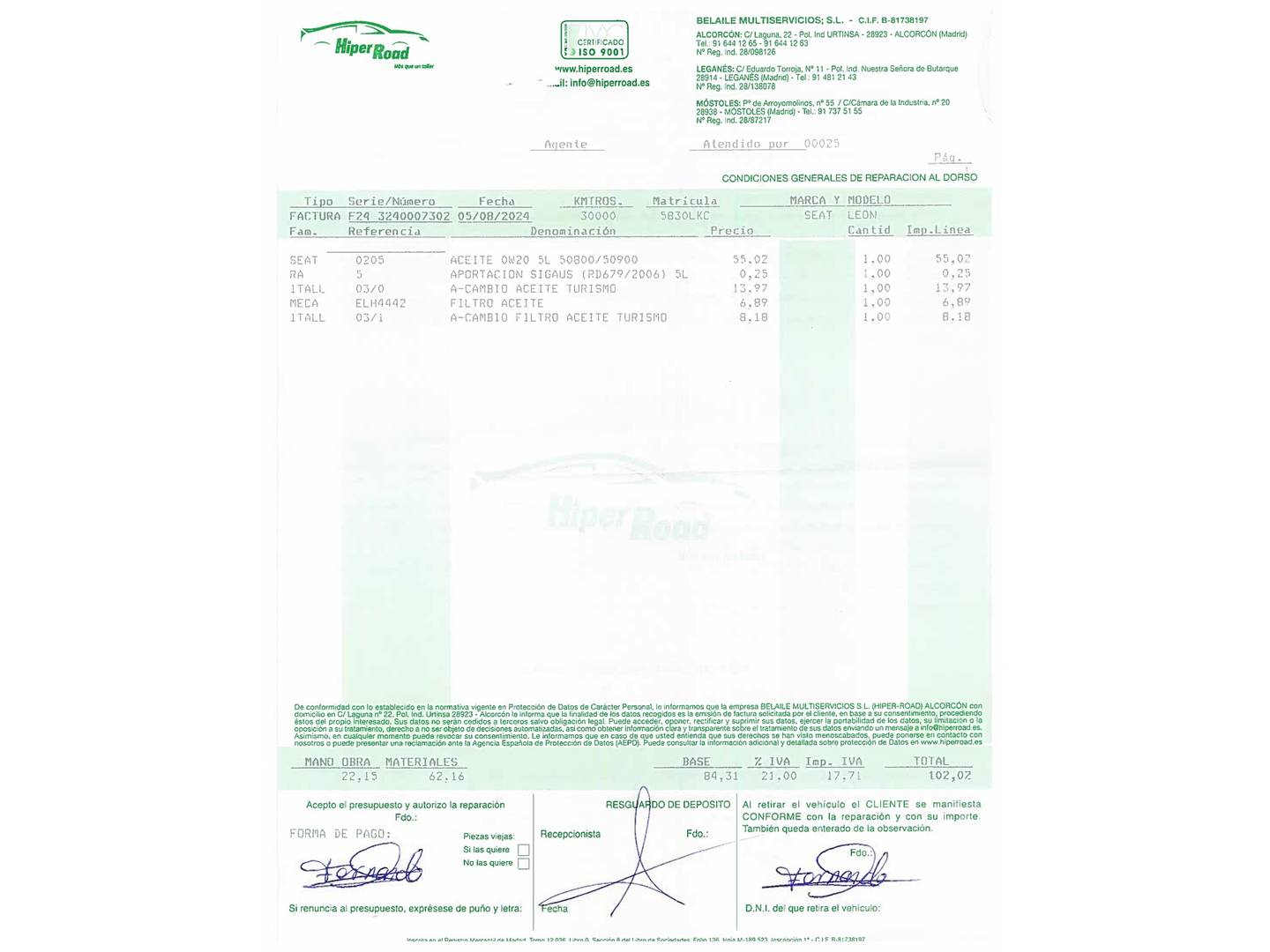 Foto del mantenimiento del Seat León Seat León ST 1.5 TSI S&S FR Go L (150 CV)