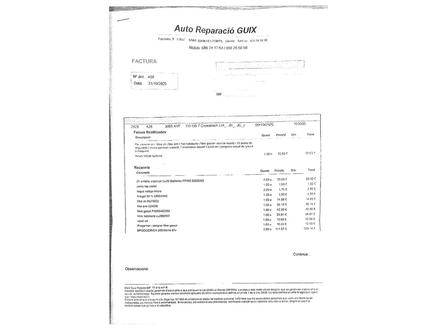 Foto del mantenimiento del DS DS 7 Crossback DS DS7 Crossback BlueHDi 130 Performance Line Auto (130 CV)
