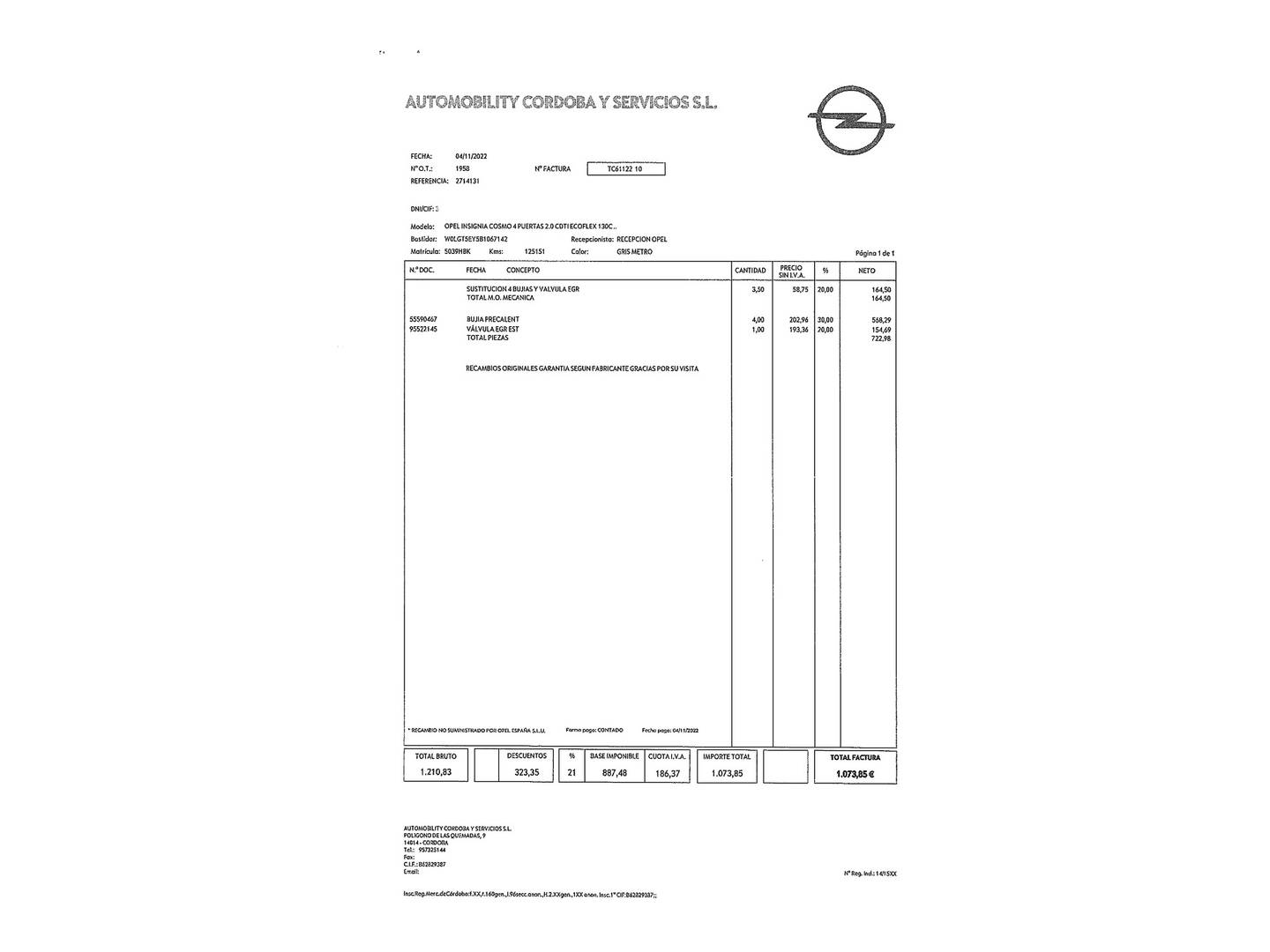 Foto del mantenimiento del Opel Insignia Opel Insignia 2.0 CDTI ecoFLEX Cosmo (130 CV)