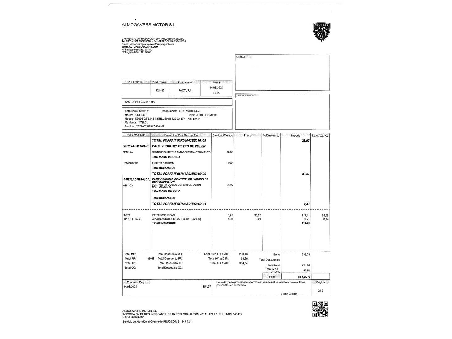 Foto del mantenimiento del Peugeot 3008 Peugeot 3008 BlueHDI 130 S&S GT Line (130 CV)