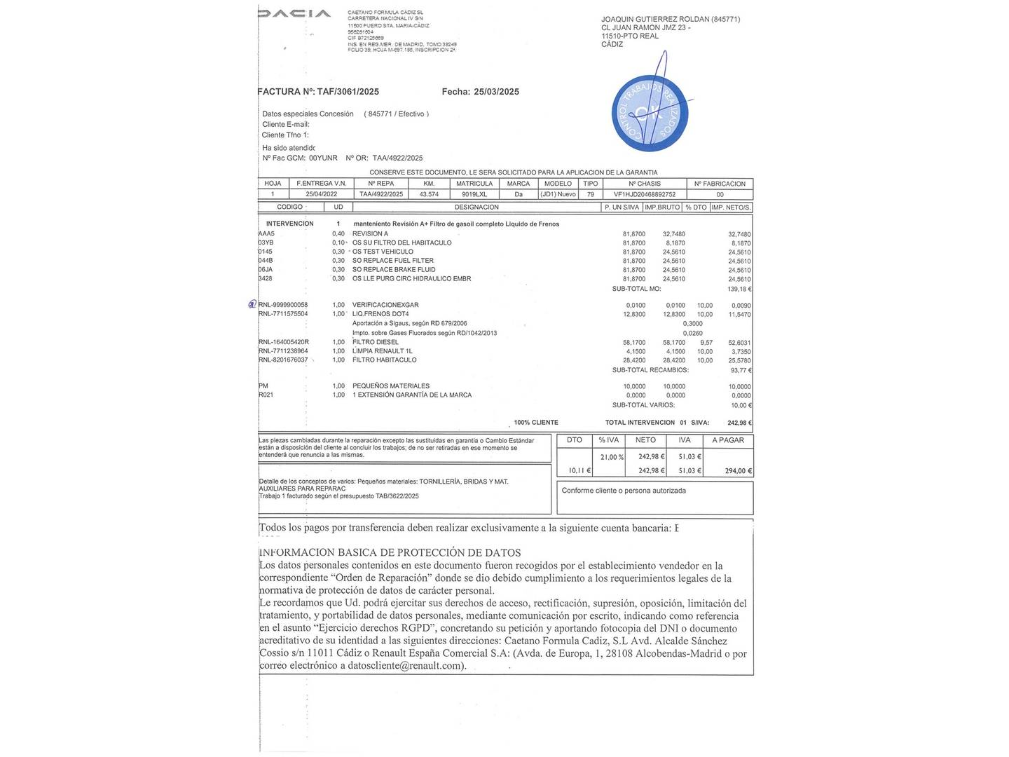 Foto del mantenimiento del Dacia Duster Dacia Duster Prestige Blue dCi (115 CV) 4X2