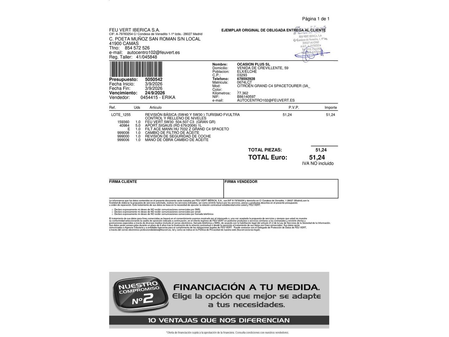 Foto del mantenimiento del Citroën Grand C4 Spacetourer Citroën Grand C4 Spacetourer BlueHDi 130 6v S&S Origins (130 CV)