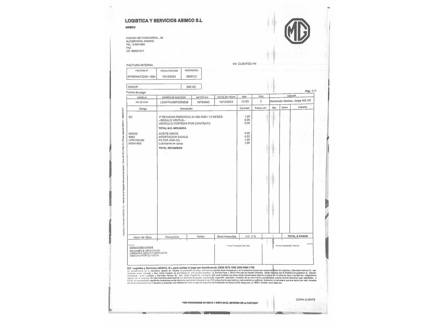 Foto del mantenimiento del MG ZS MG ZS 1.5 Comfort (106 CV)