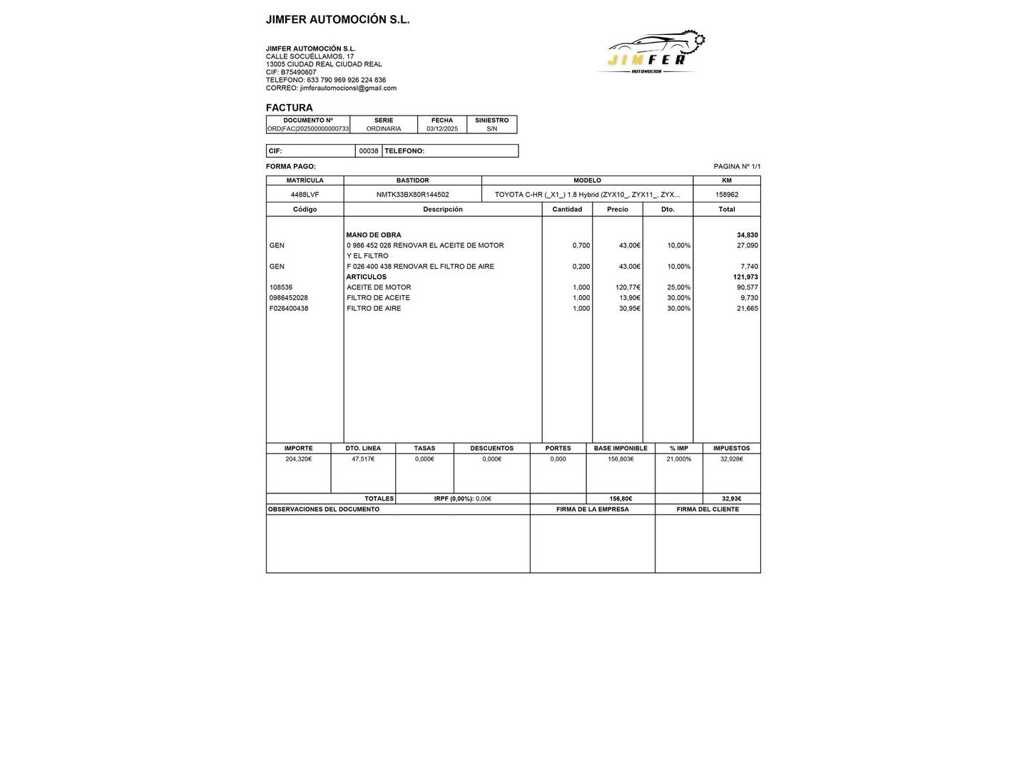 Foto del mantenimiento del Toyota C-HR Toyota C-HR 1.8 125H Advance (122 CV)