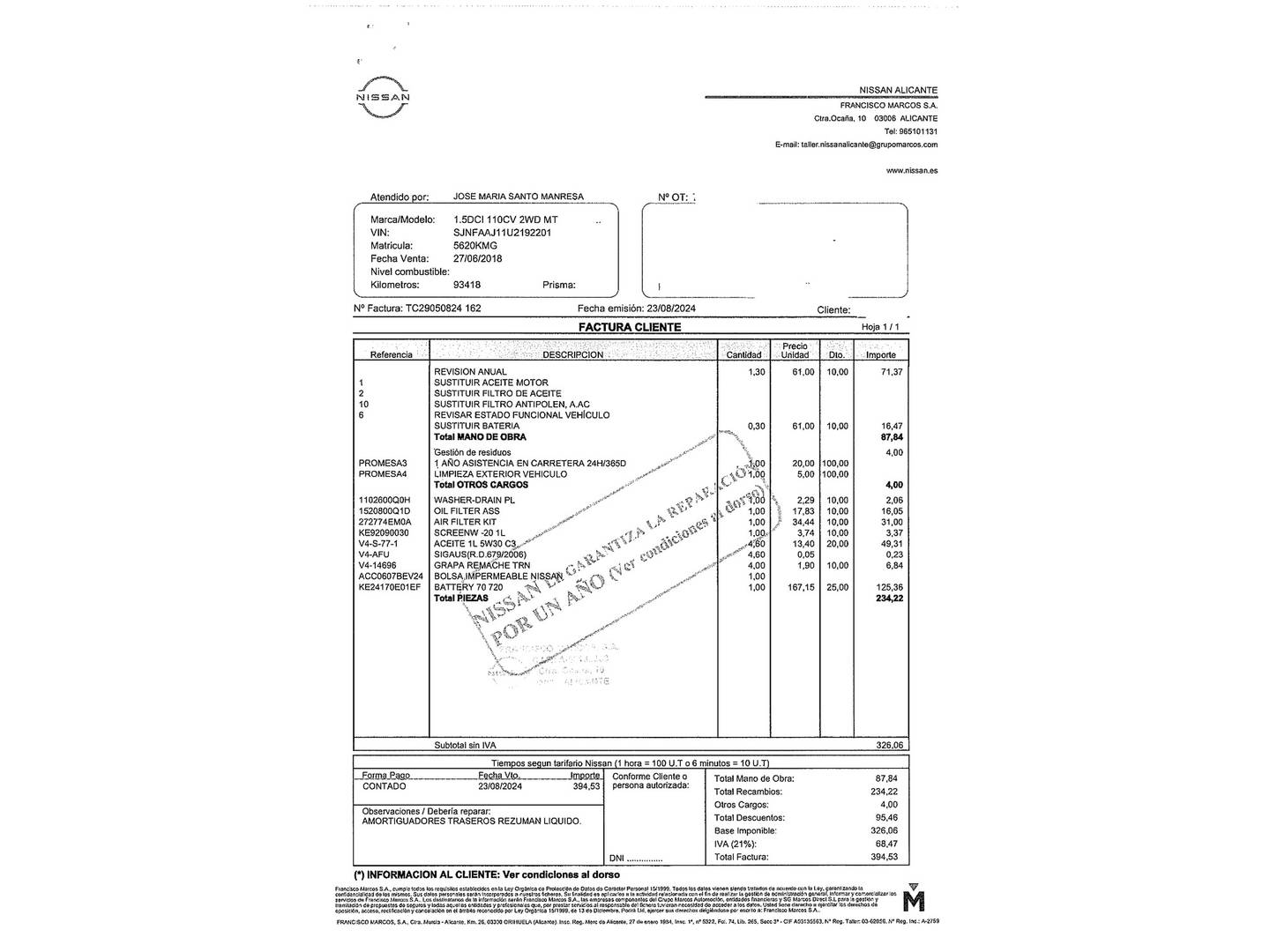 Foto del mantenimiento del Nissan QASHQAI Nissan Qashqai dCi 110 N-Connecta 4x2 (110 CV)