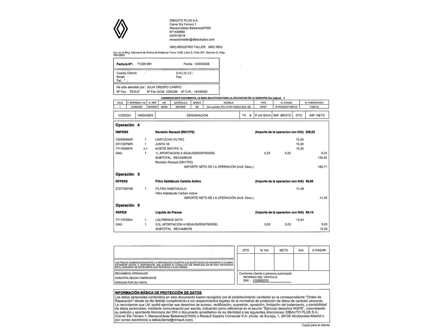 Foto del mantenimiento del Renault Clio Renault Clio Equilibre TCe (100 CV) GLP