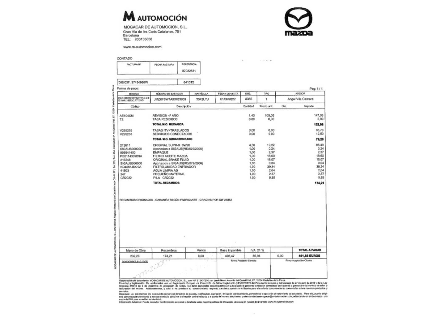 Foto del mantenimiento del Mazda CX-5 Mazda CX-5 2.0 GE Homura AT (165 CV)
