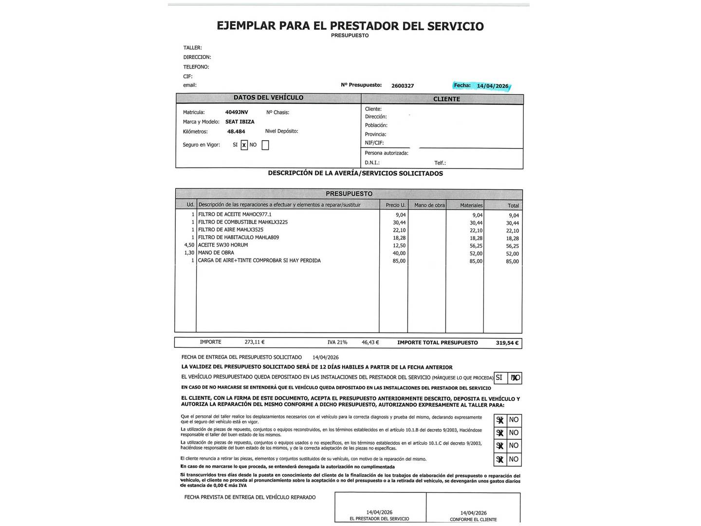 Foto del mantenimiento del Seat Ibiza Seat Ibiza 1.2 TSI FR Crono (90 CV)