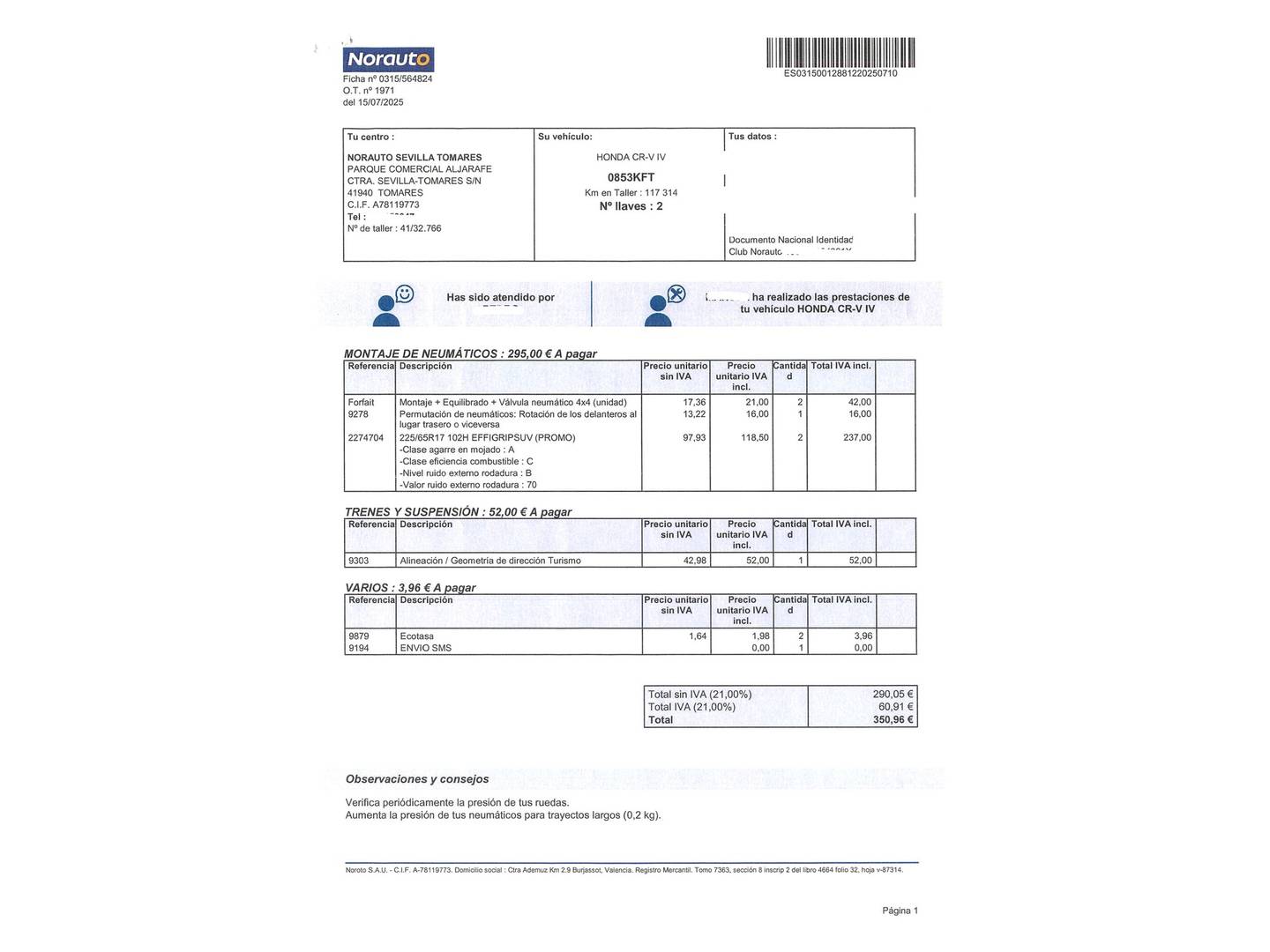 Foto del mantenimiento del Honda CR-V Honda CR-V 1.6 i-DTEC Comfort 4x2 (120 CV)