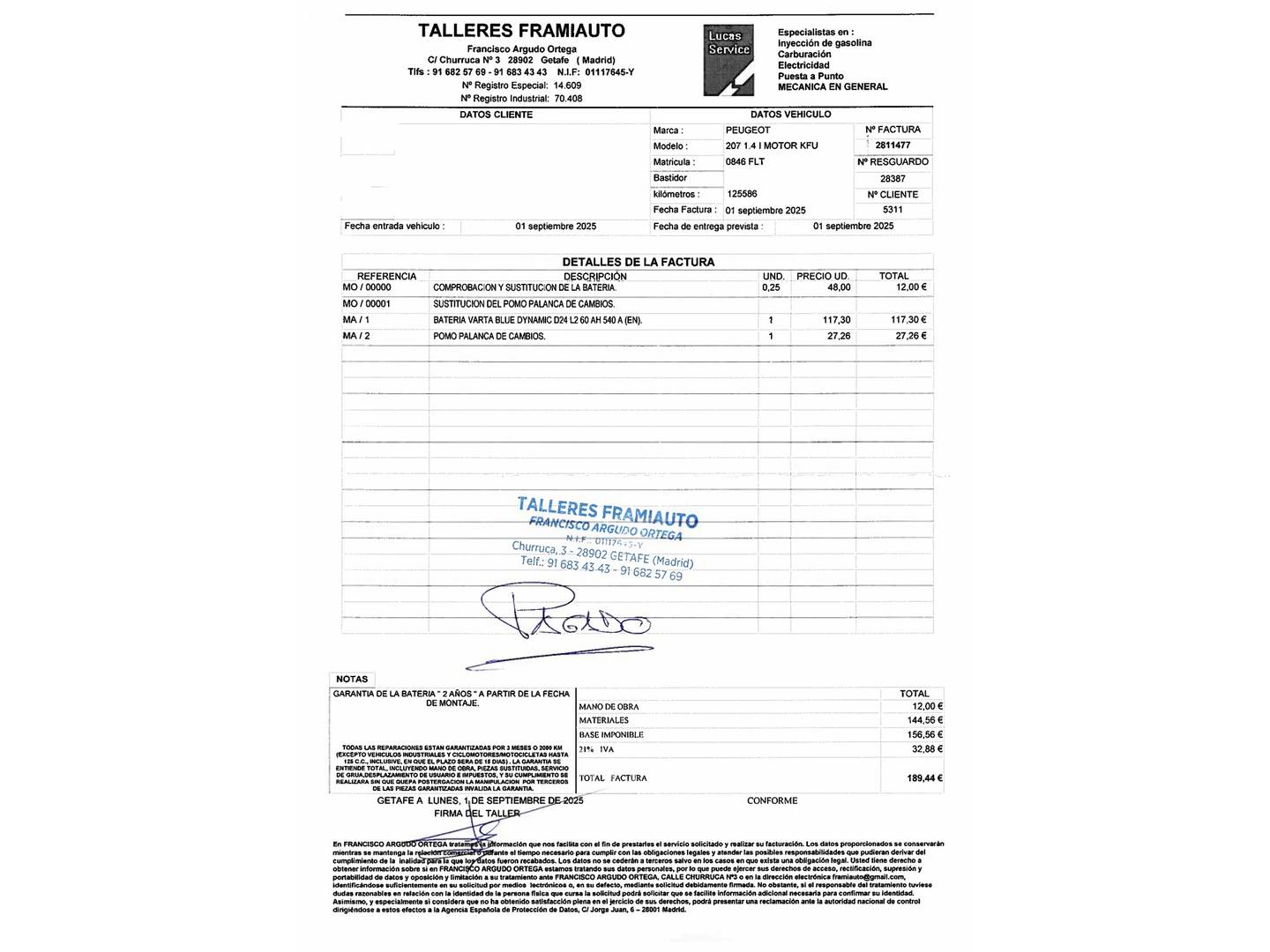 Foto del mantenimiento del Peugeot 207 Peugeot 207 1.4 16v X-Line (90 CV)