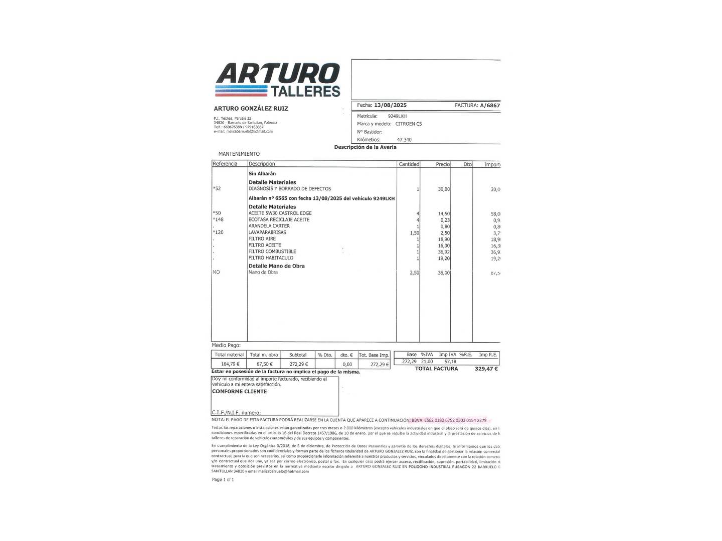 Foto del mantenimiento del Citroën C5 Aircross Citroen C5 Aircross BlueHdi 130 S&S Shine (131 CV)