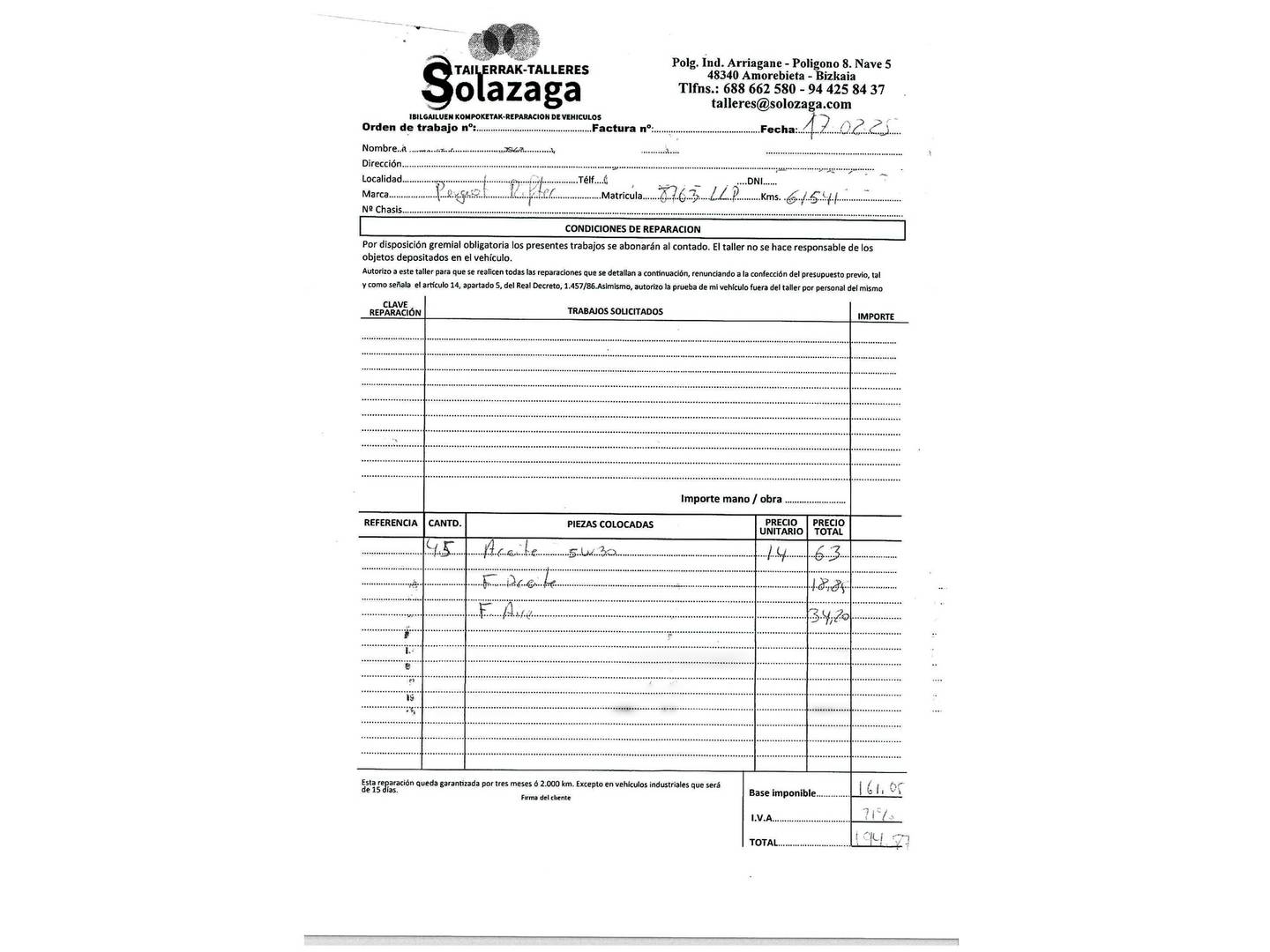 Foto del mantenimiento del Peugeot Rifter Peugeot Rifter BlueHDi 130 GT Standard (130 CV)