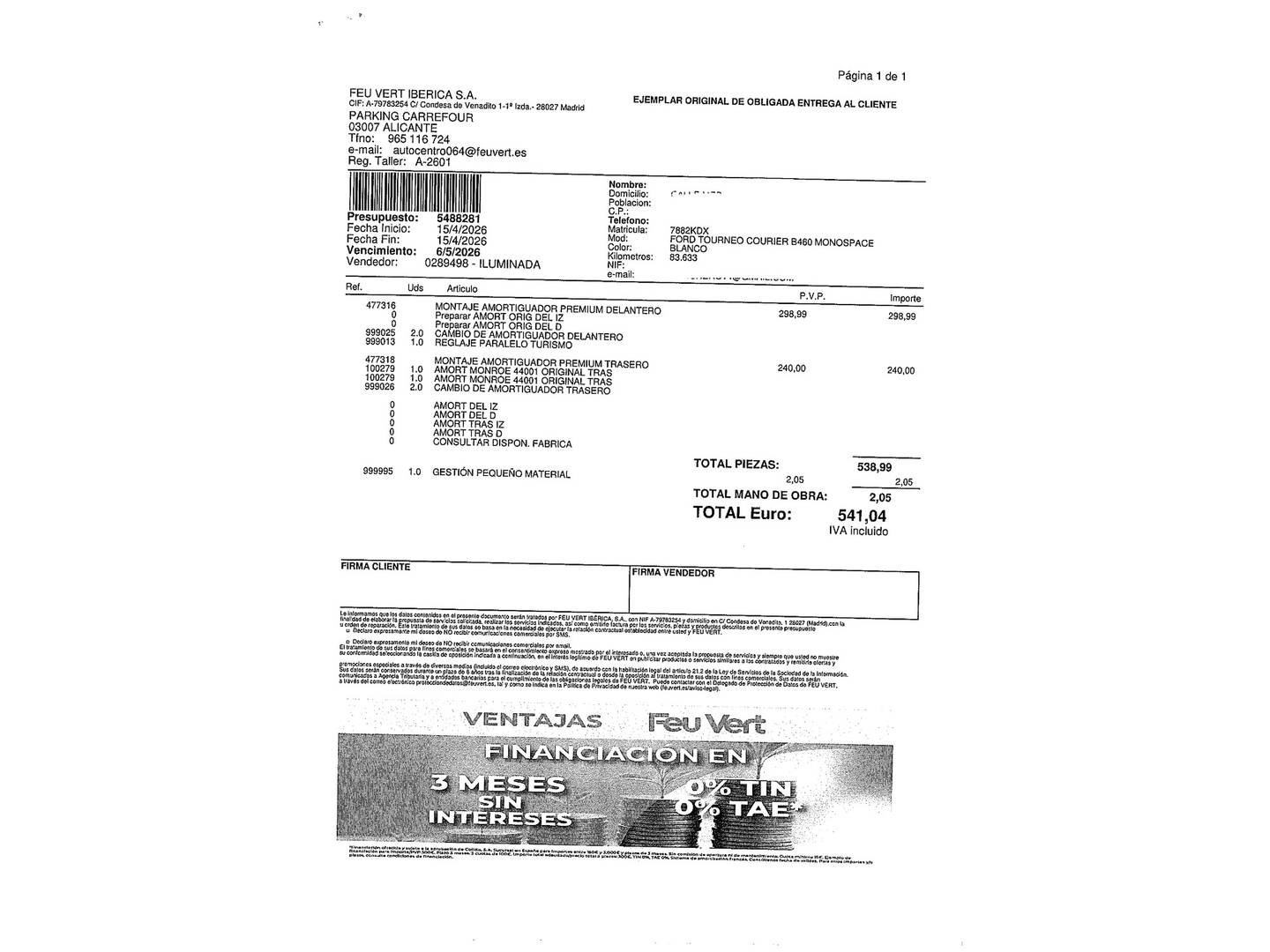 Foto del mantenimiento del Ford Tourneo Courier Ford Tourneo Courier 1.0 EcoBoost Titanium (100 CV)