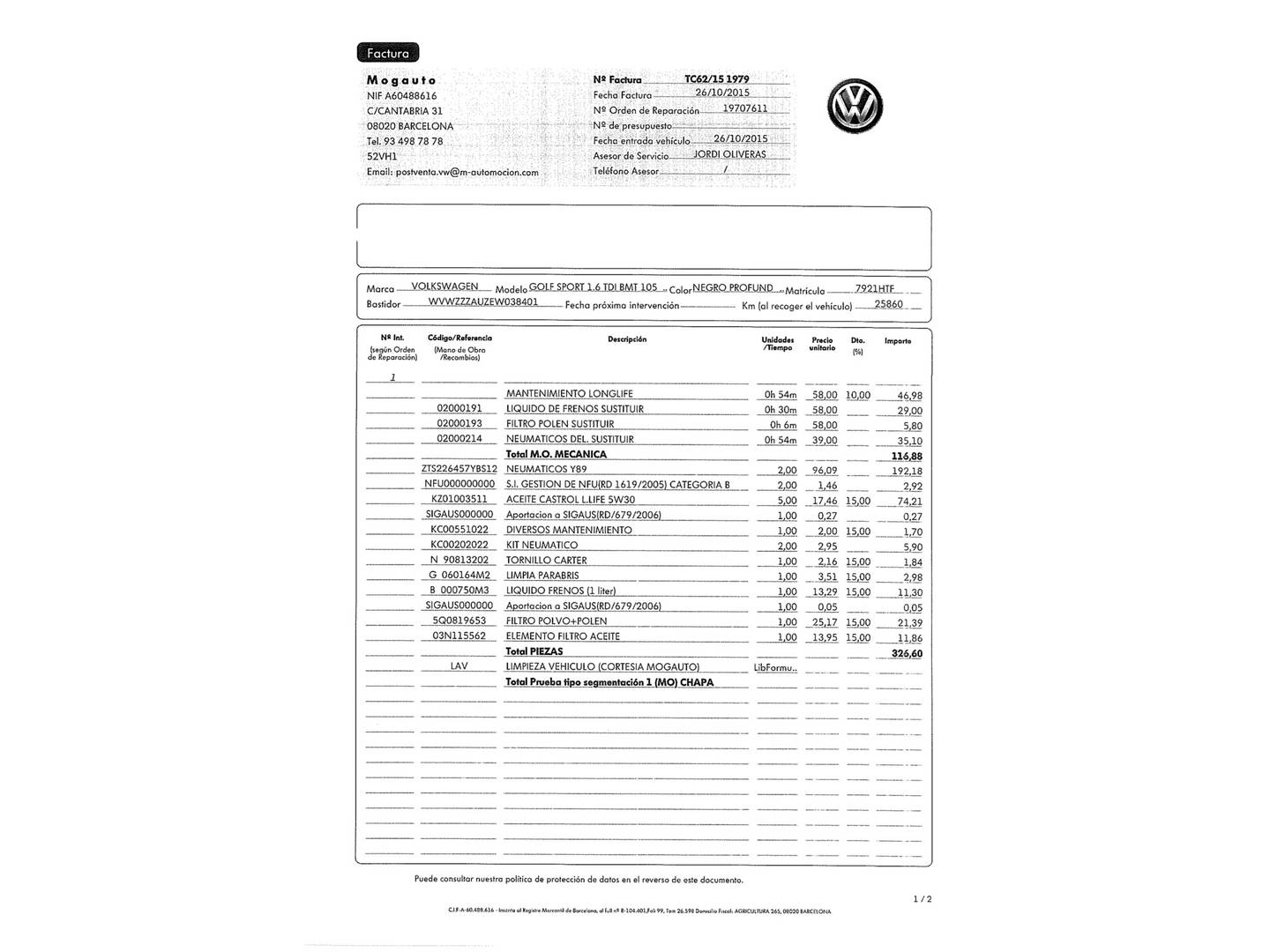 Foto del mantenimiento del Volkswagen Golf Volkswagen Golf Sport 1.6 TDI (105 CV)