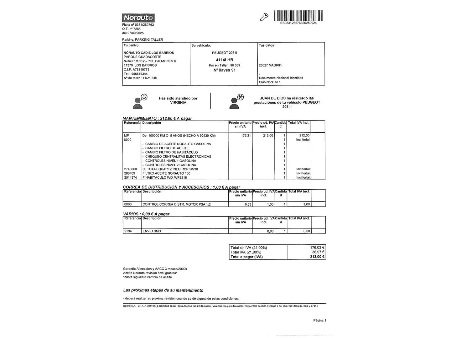 Foto del mantenimiento del Peugeot 208 Peugeot 208 PureTech 100 Allure (100 CV)