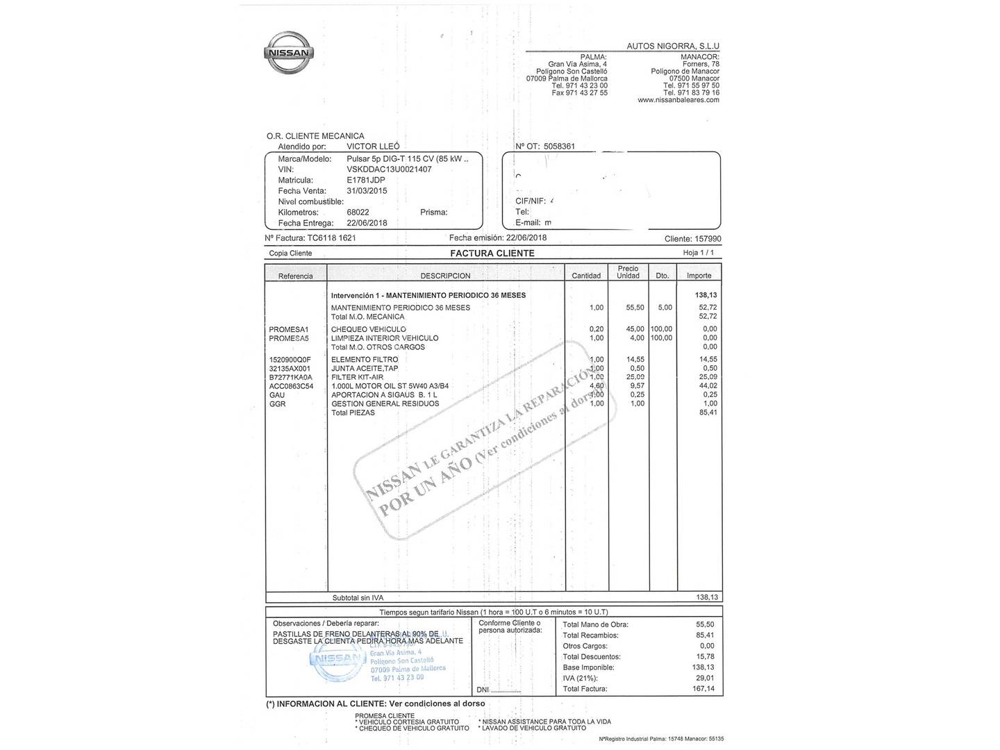 Foto del mantenimiento del Nissan PULSAR Nissan Pulsar 1.2 DIG-T Acenta (115 CV)