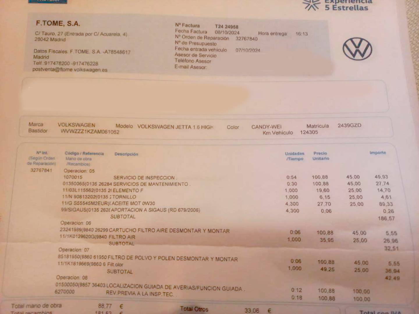 Foto del mantenimiento del Volkswagen Jetta Volkswagen Jetta Highline 1.6 TDI  (105 CV)