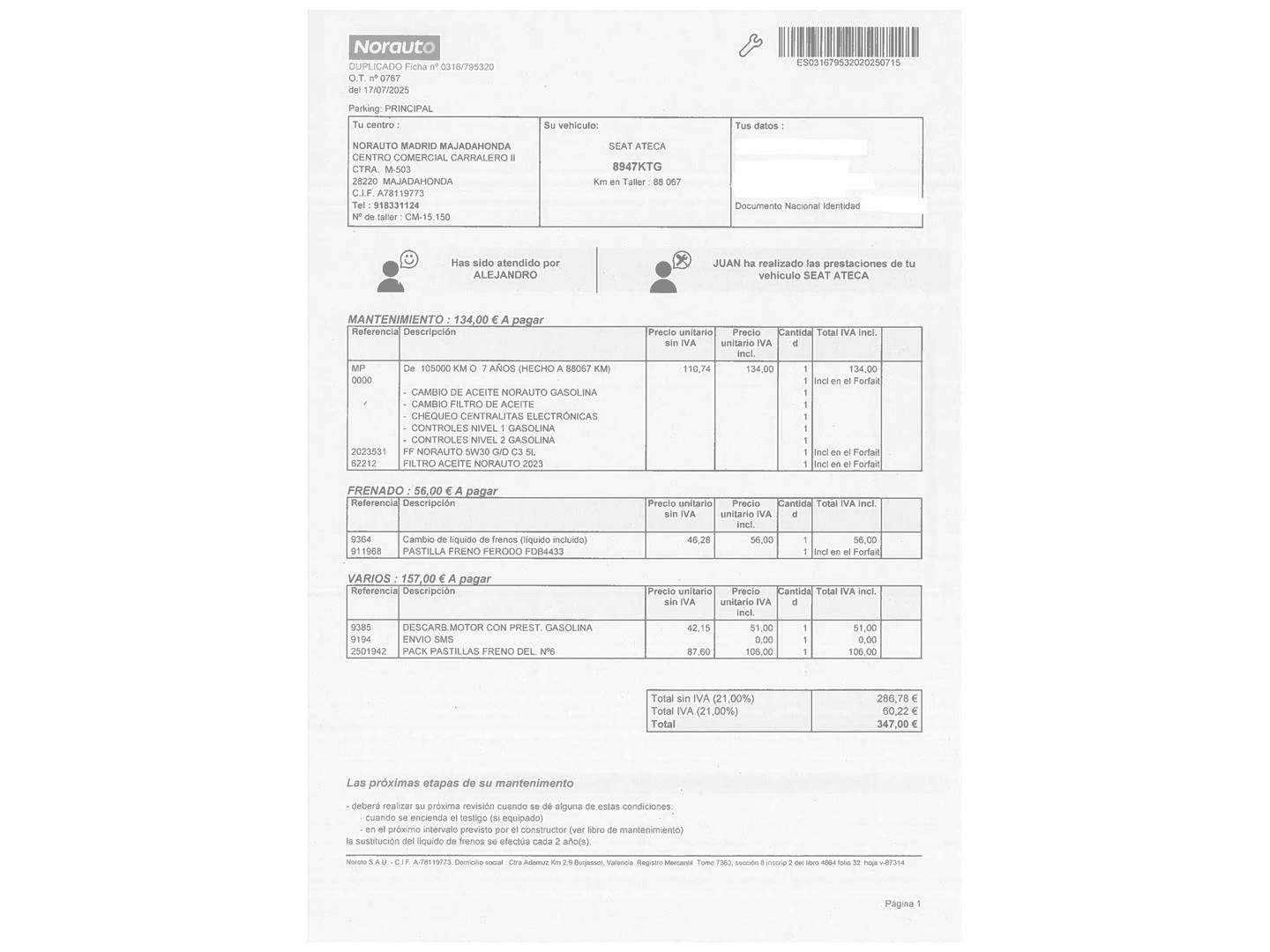 Foto del mantenimiento del Seat Ateca Seat Ateca 1.5 TSI S&S Style DSG (150 CV)