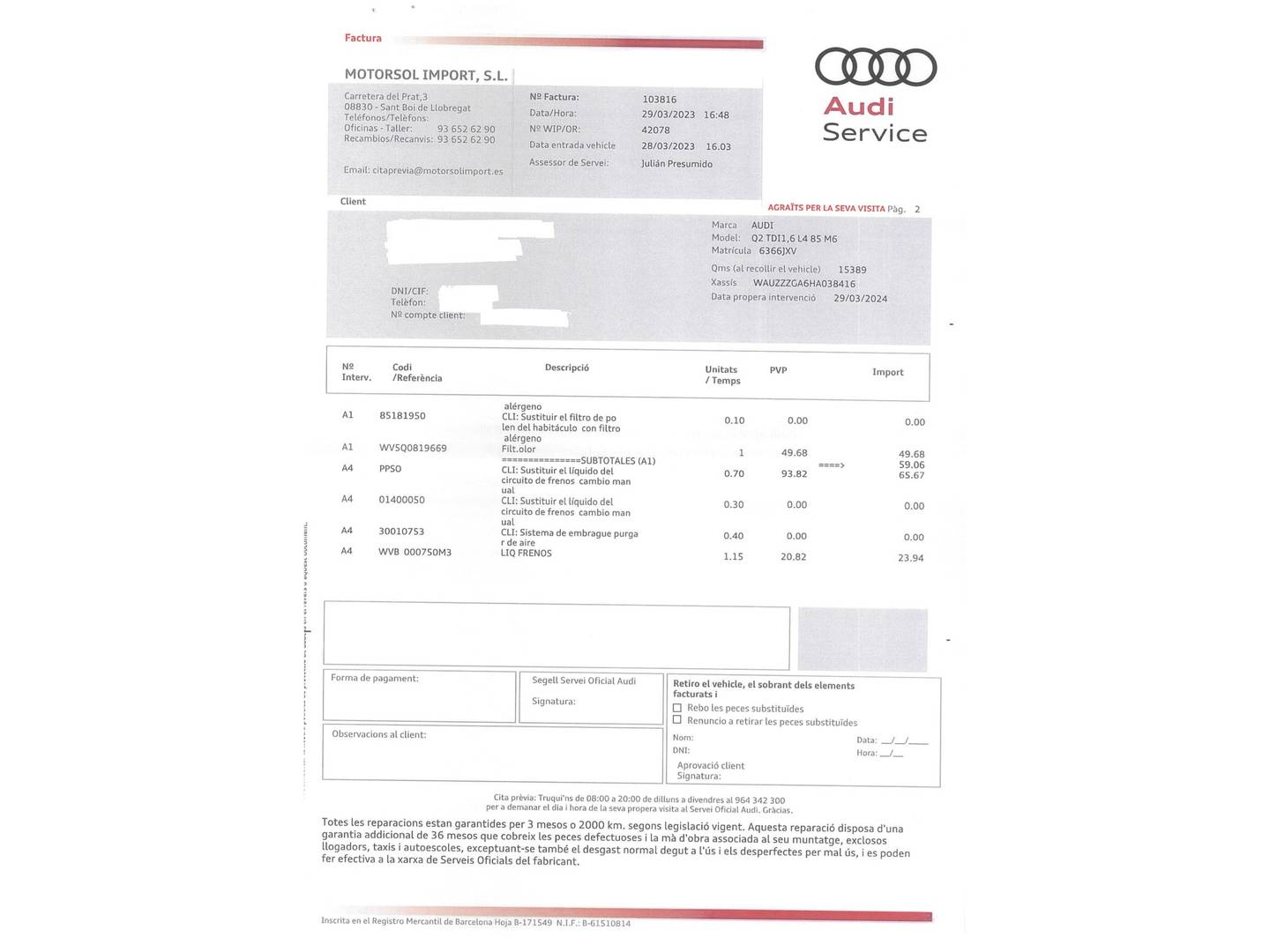 Foto del mantenimiento del Audi Q2 Audi Q2 sport edition 1.6 TDI (116 CV)