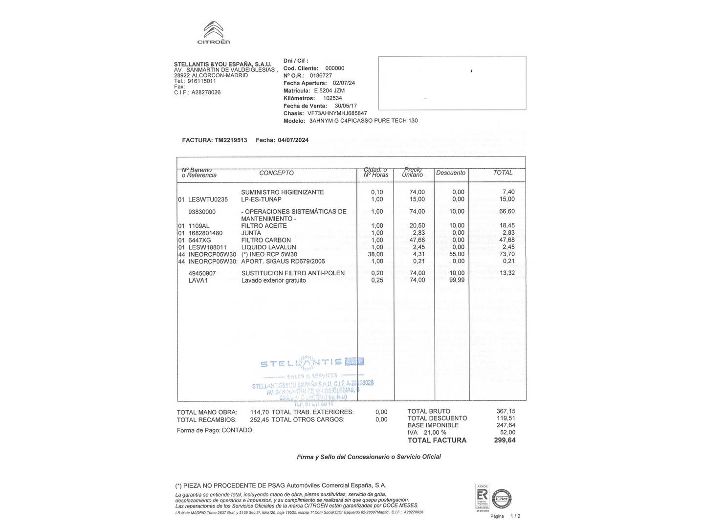 Foto del mantenimiento del Citroën Grand C4 Picasso Citroën Grand C4 Picasso PureTech 130 S&S Feel (130 CV) 7 Plazas