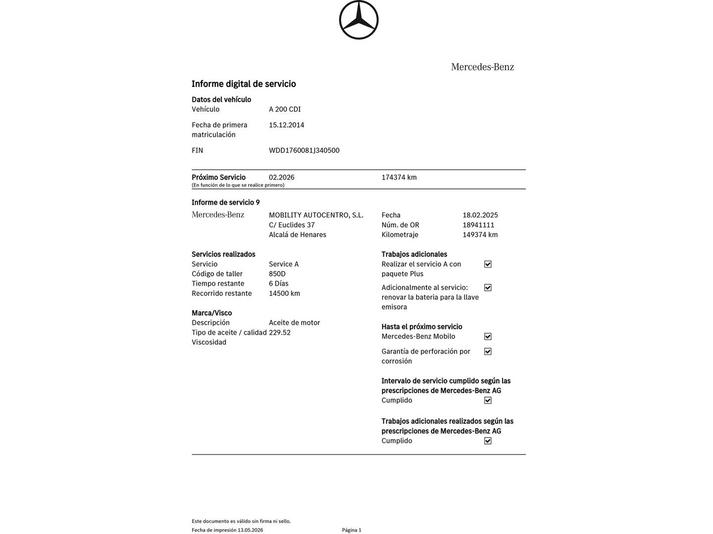 Foto del mantenimiento del Mercedes Clase A Mercedes Clase A 200 CDI AMG Line (136 CV)