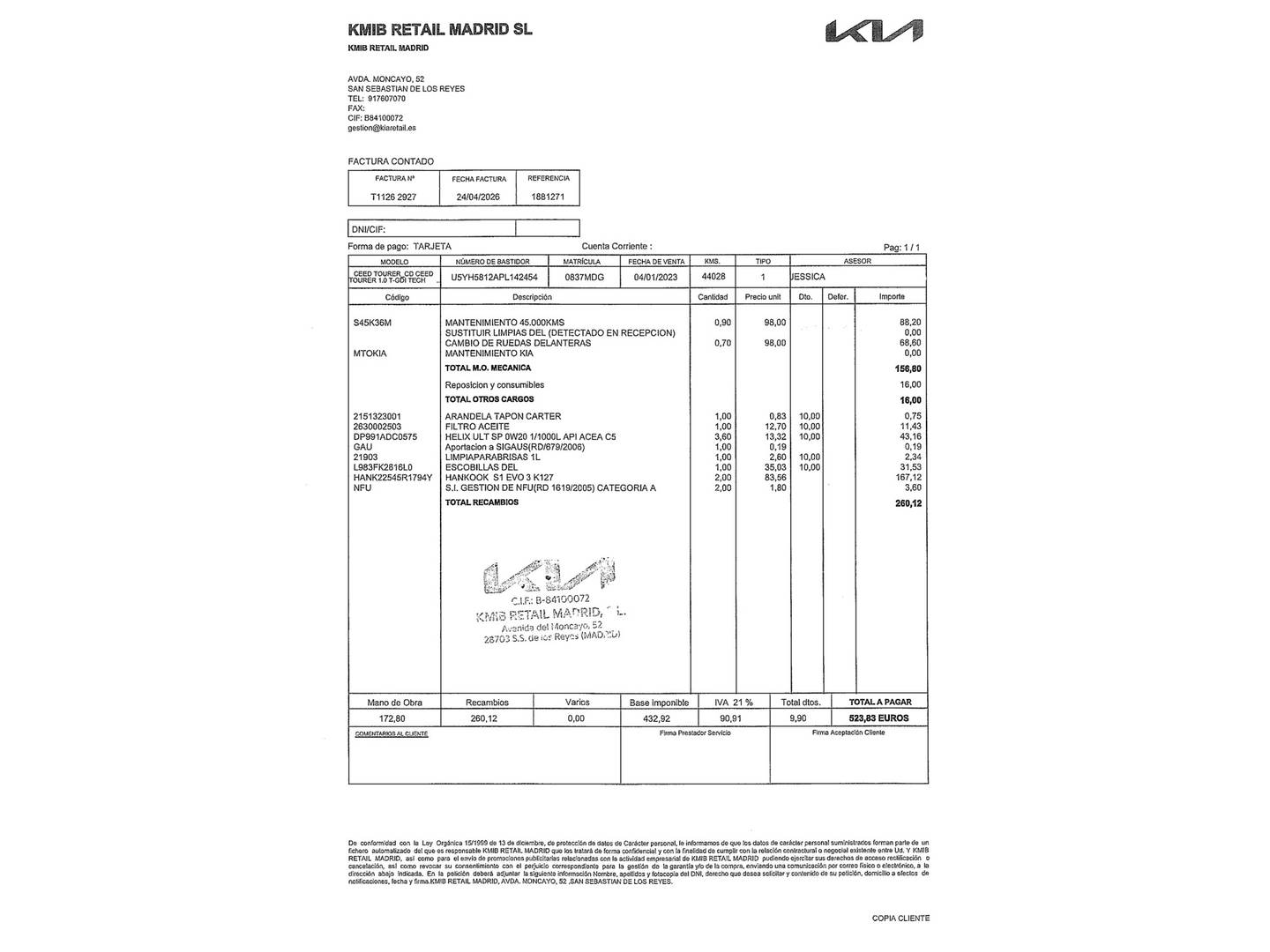 Foto del mantenimiento del KIA Ceed Tourer KIA Ceed Tourer 1.0 T-GDi Tech (120 CV)