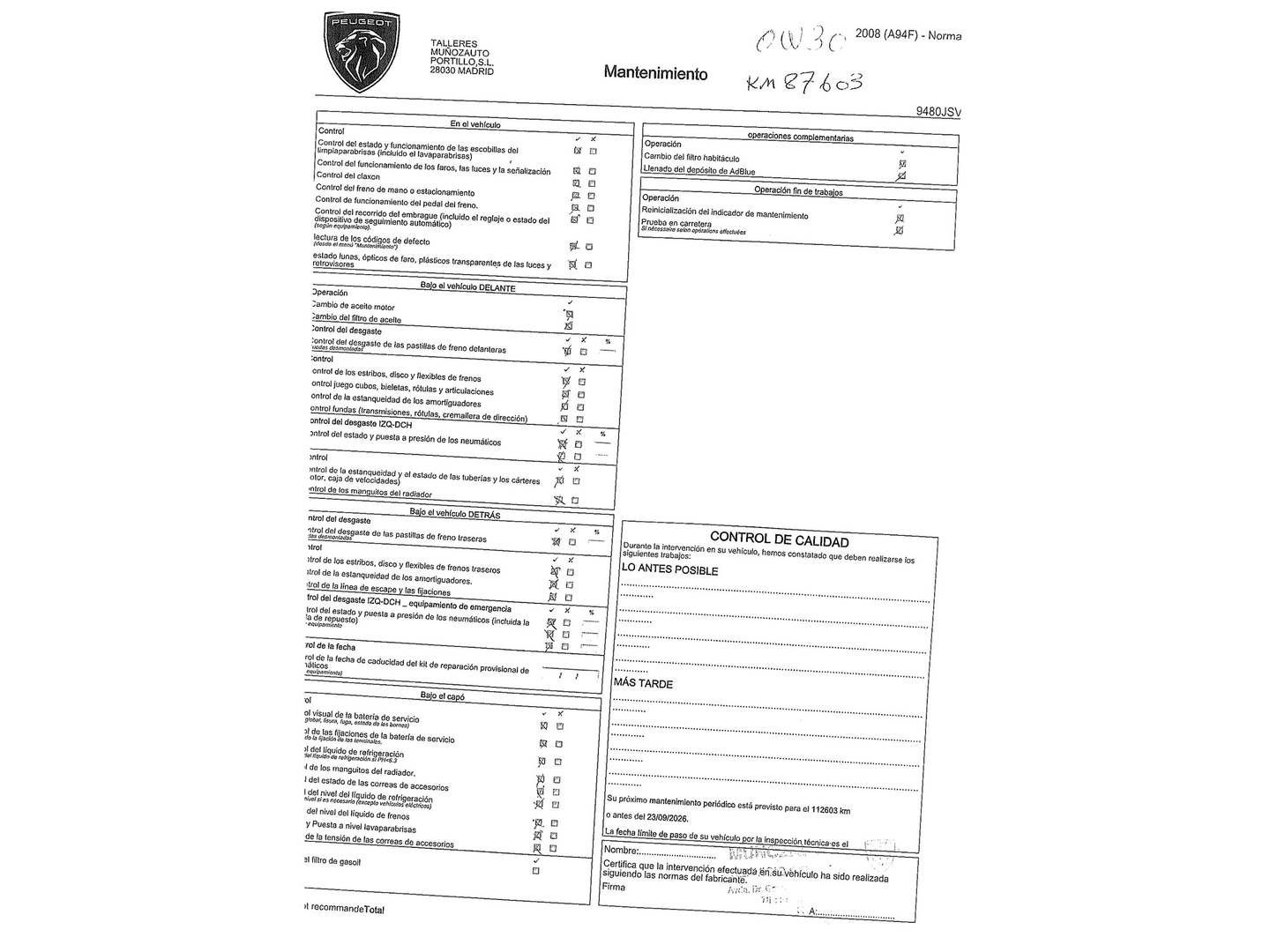 Foto del mantenimiento del Peugeot 2008 Peugeot 2008 BlueHDi 120 S&S Allure (120 CV)