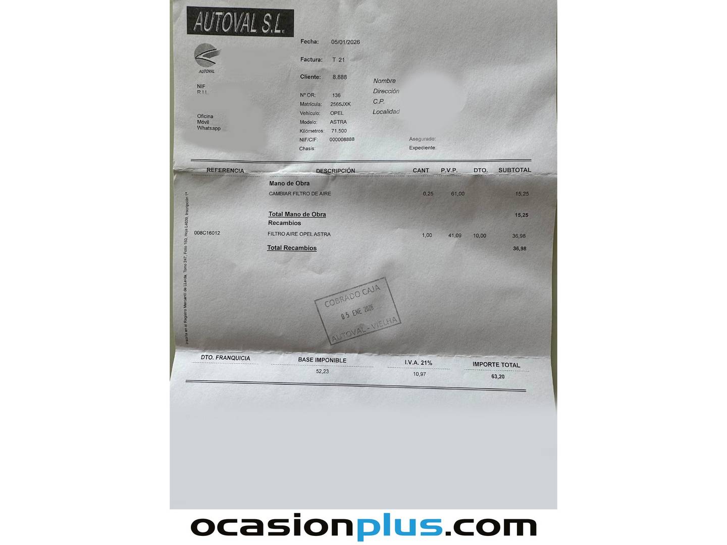 Foto del mantenimiento del Opel Astra Opel Astra 1.6 CDTi Dynamic (110 CV)