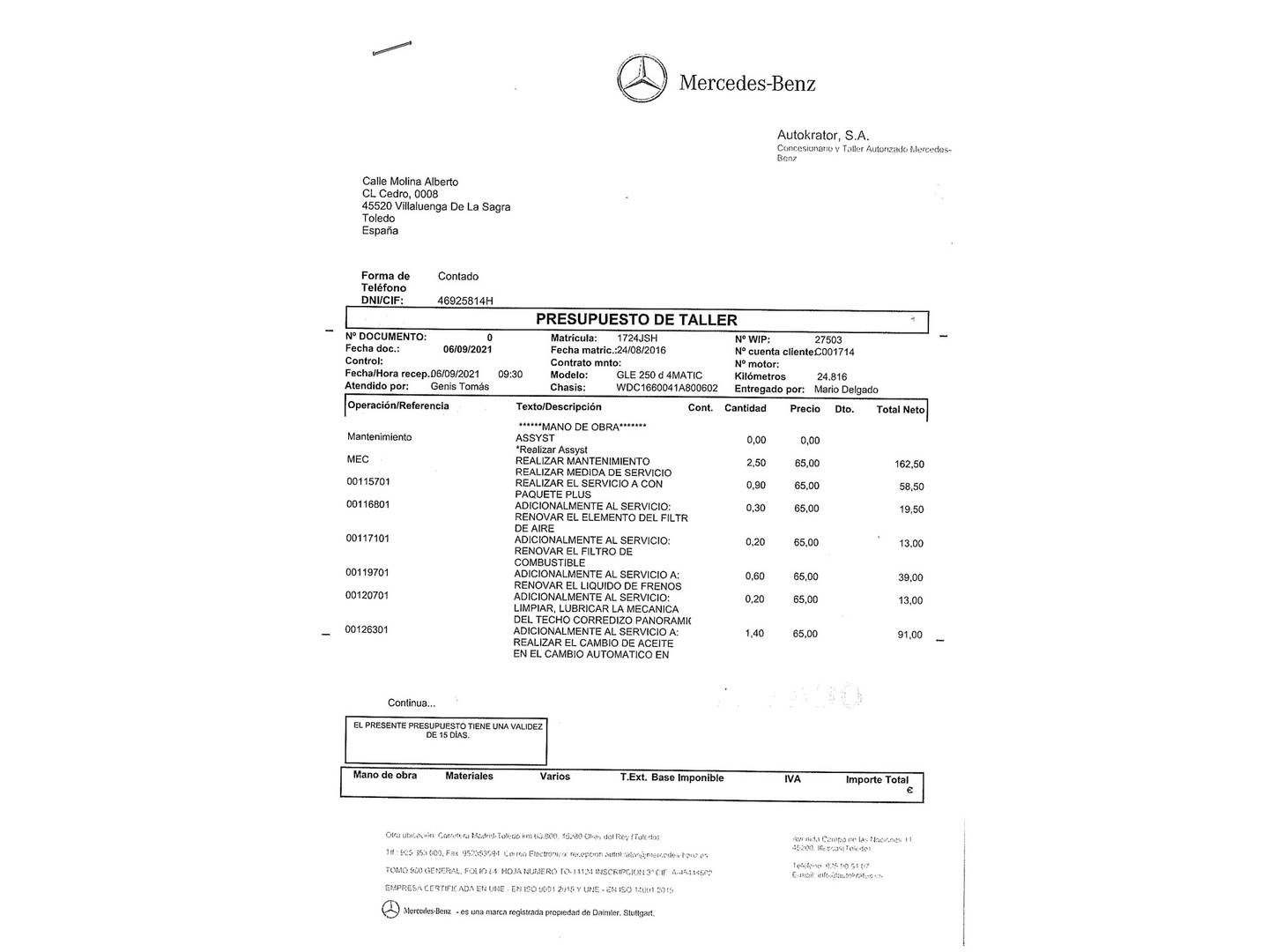 Foto del mantenimiento del Mercedes Clase GLE Mercedes GLE 250 d 4Matic (204 CV)