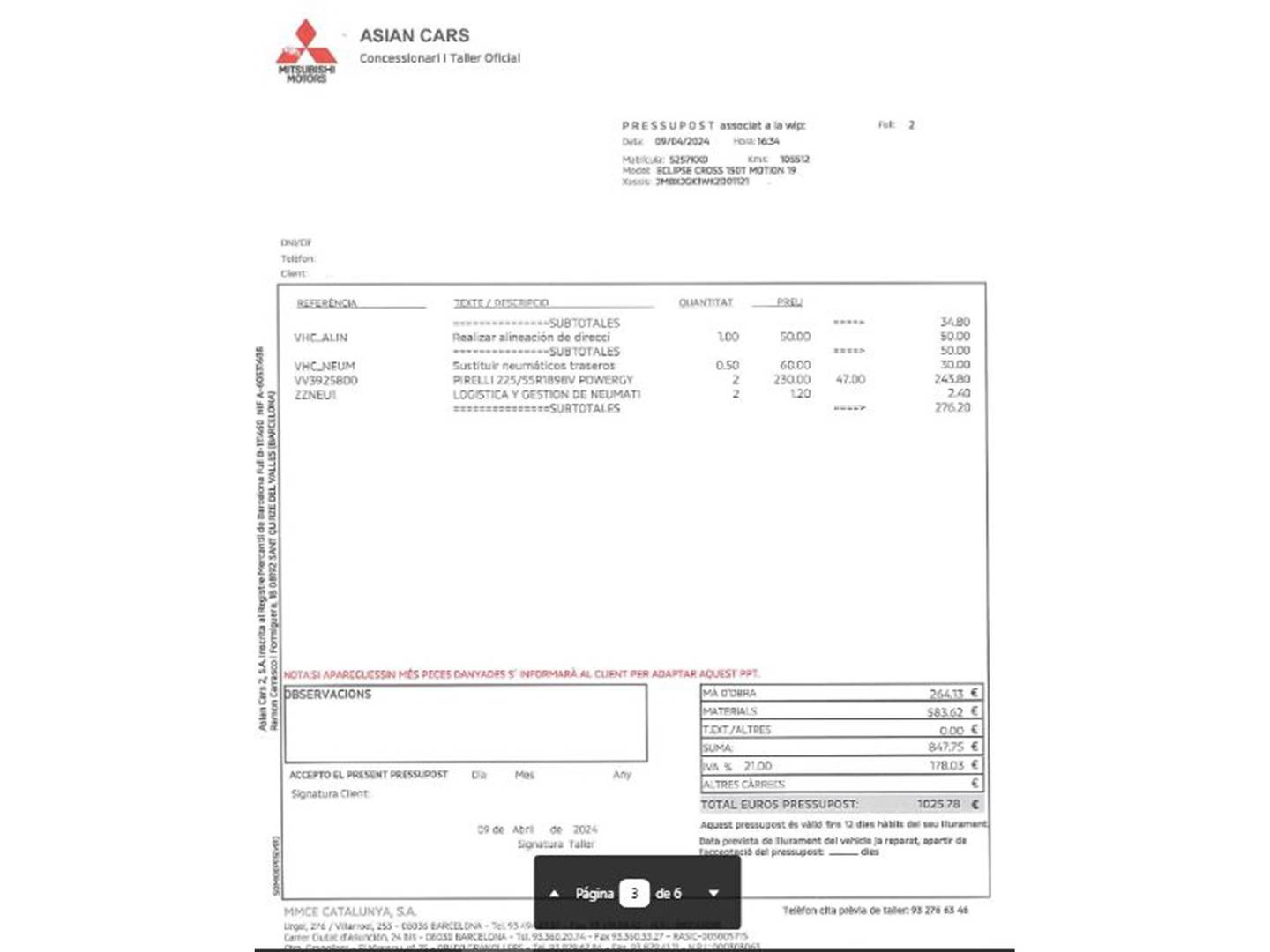 Foto del mantenimiento del Mitsubishi Eclipse Cross Mitsubishi Eclipse Cross 150T Motion (163 CV)