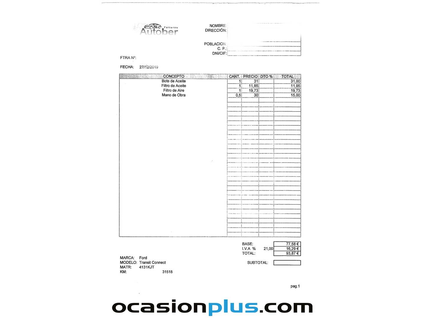 Foto del mantenimiento del Ford Transit Connect Ford Transit Connect Kombi 1.5 TDCI Trend 220 L1 (100 CV)