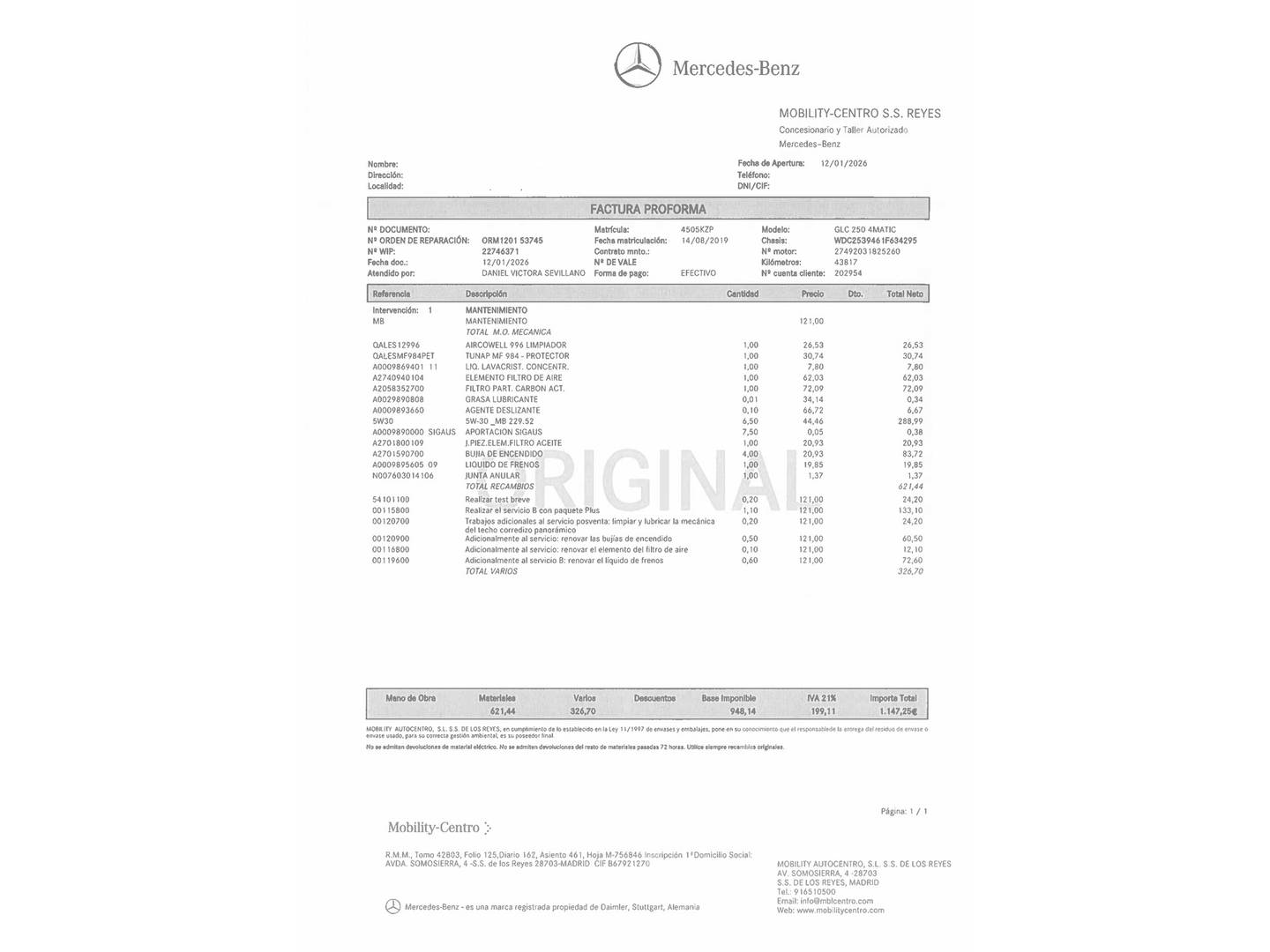 Foto del mantenimiento del Mercedes Clase GLC Mercedes-Benz GLC 250 4MATIC  (211 CV)