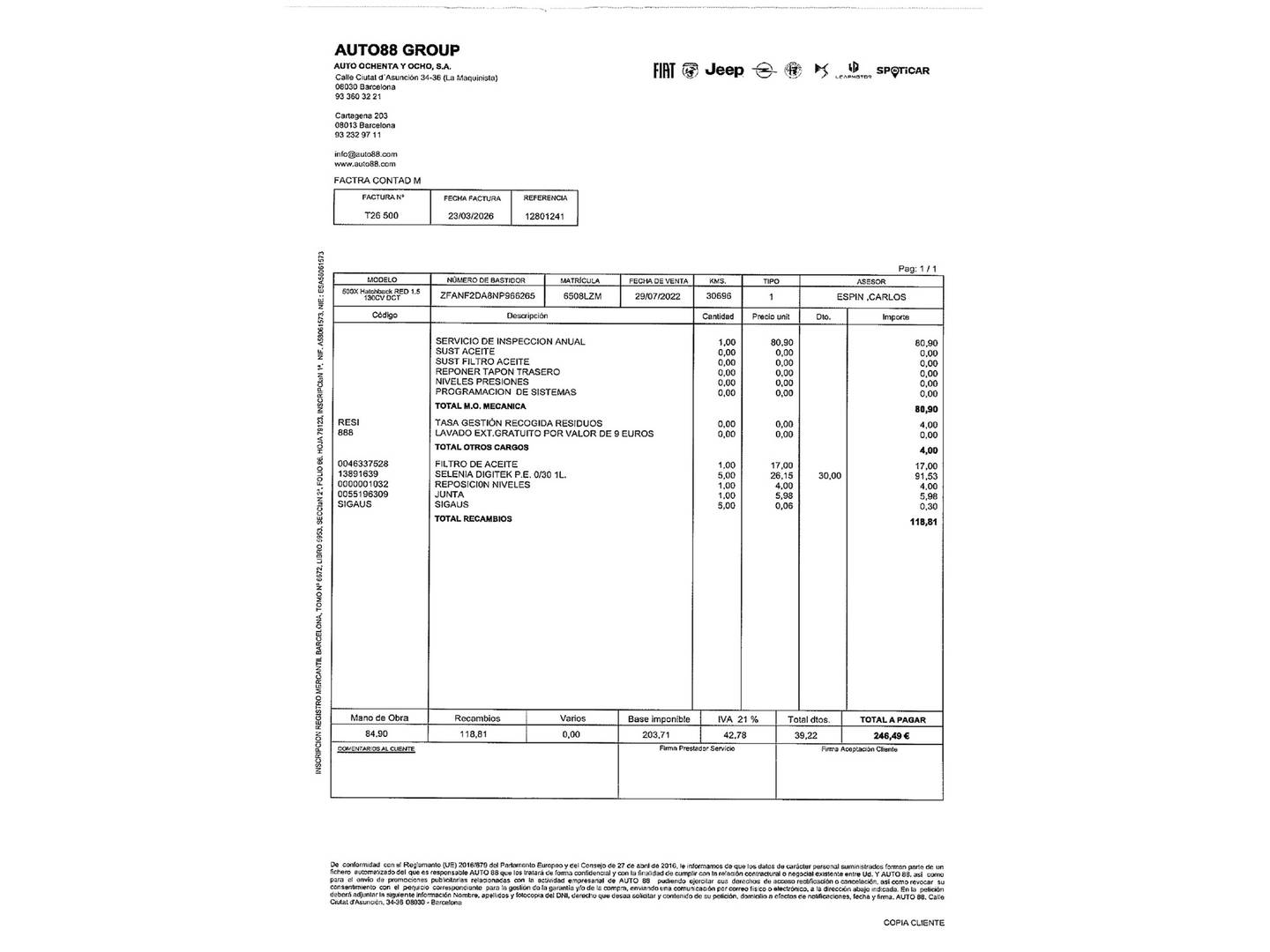 Foto del mantenimiento del Fiat 500X Fiat 500X 1.5 Hybrid Red DCT (130 CV)