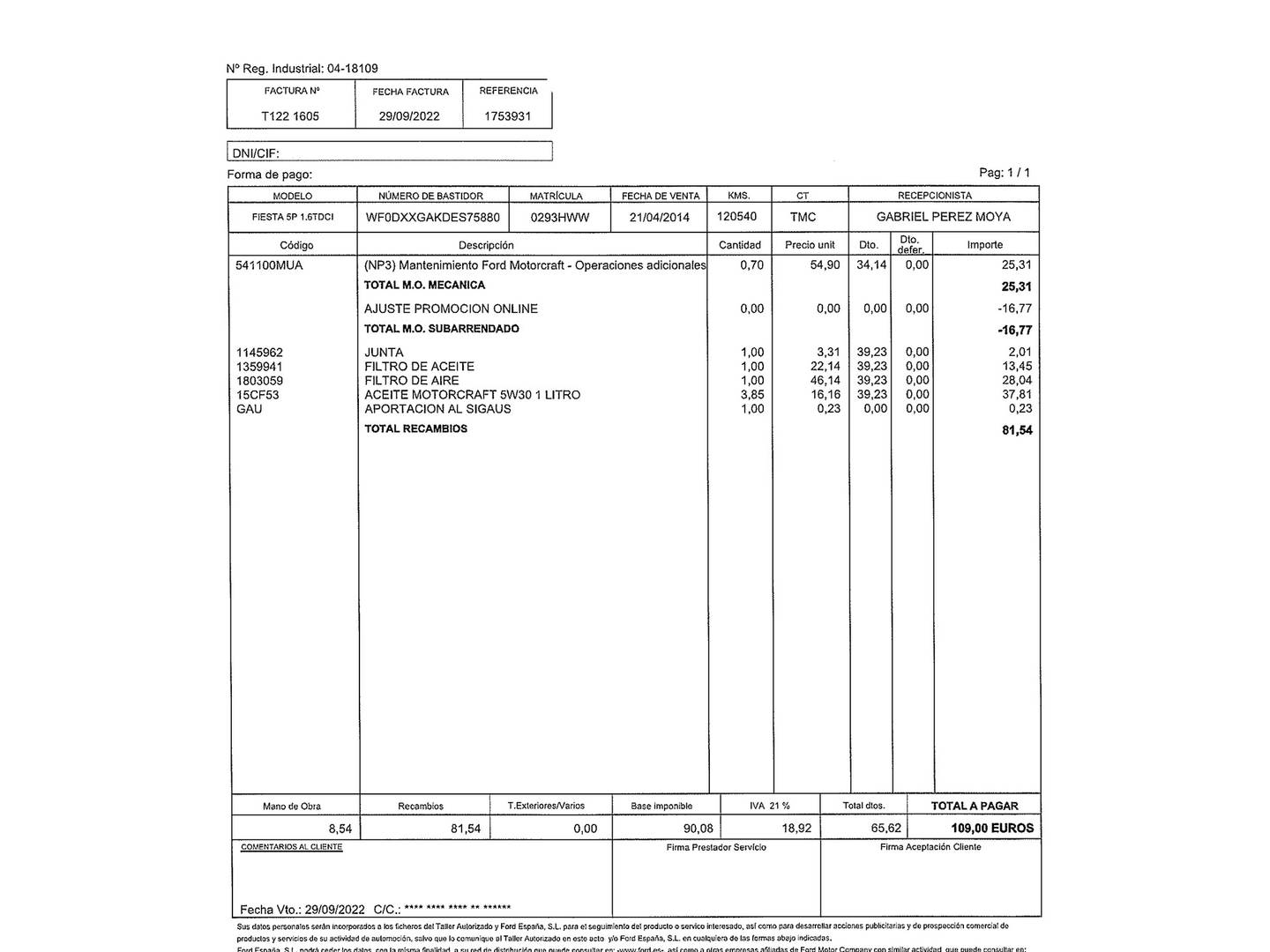 Foto del mantenimiento del Ford Fiesta Ford Fiesta 1.6 TDCI Trend (95 CV)