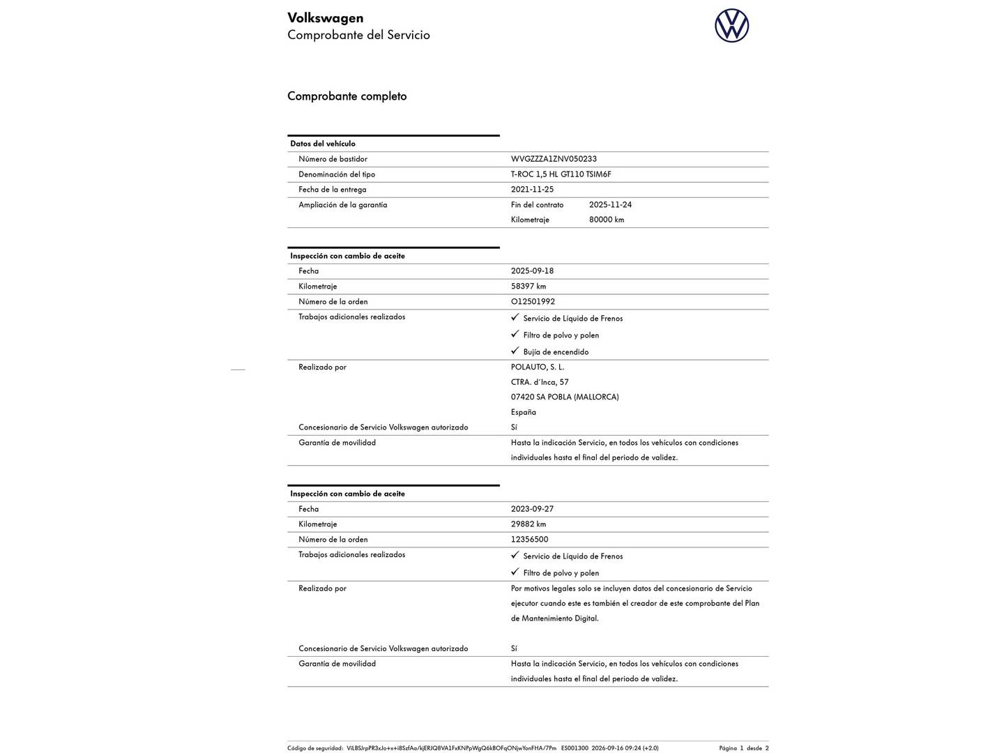 Foto del mantenimiento del Volkswagen T-Roc Volkswagen T-Roc Sport 1.5 TSI (150 CV)