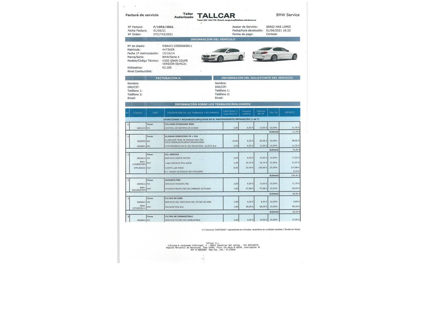 Foto del mantenimiento del BMW Serie 4 BMW Serie 4 430d Gran Coupe (258 CV) Pack Sport