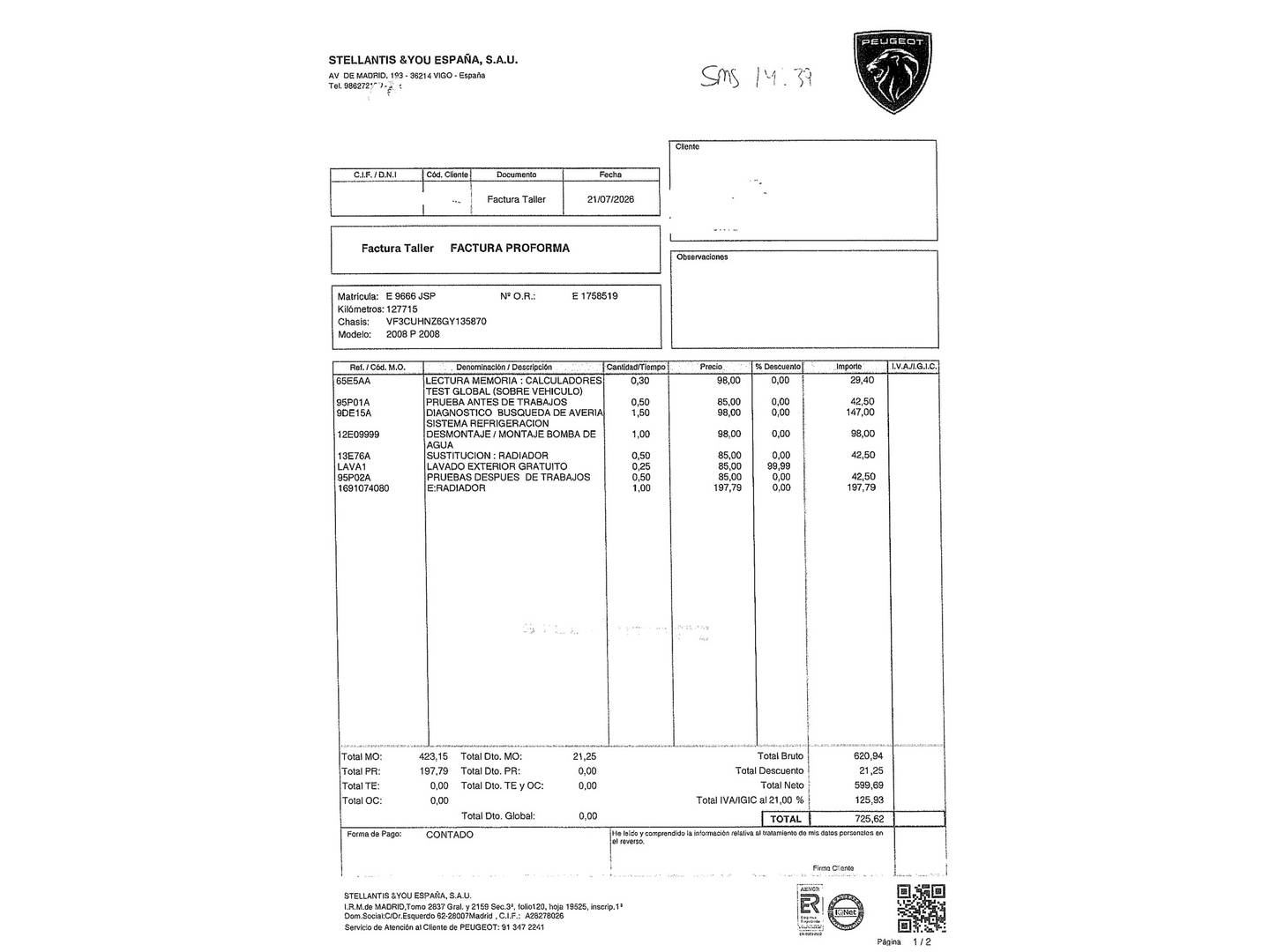 Foto del mantenimiento del Peugeot 2008 Peugeot 2008 PureTech 110 S&S Active (110 CV)