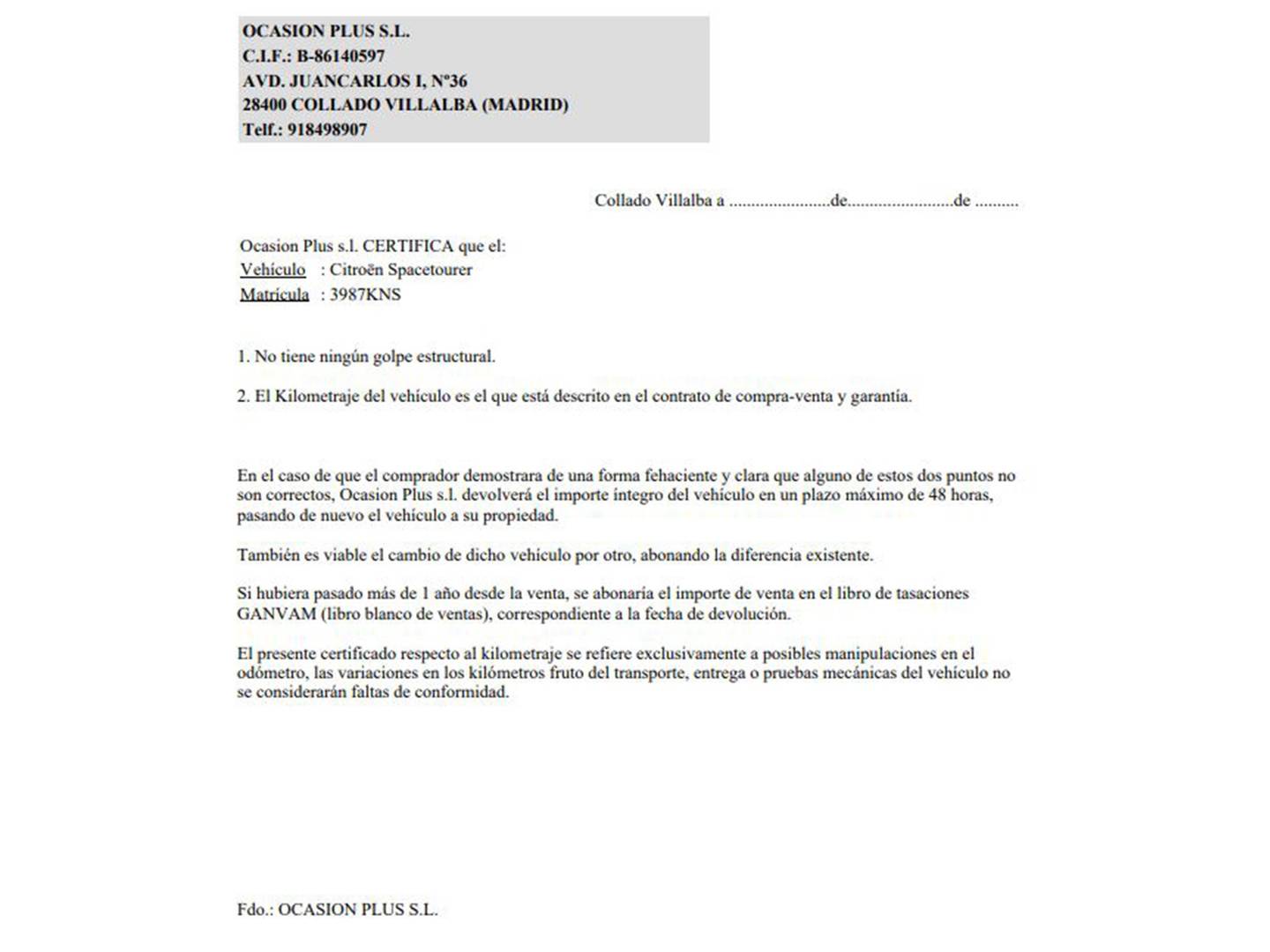 Foto del certificado del Citroën Spacetourer Citroën Spacetourer BlueHDi 150 Talla M Rip Curl (150 CV) 8 Plazas