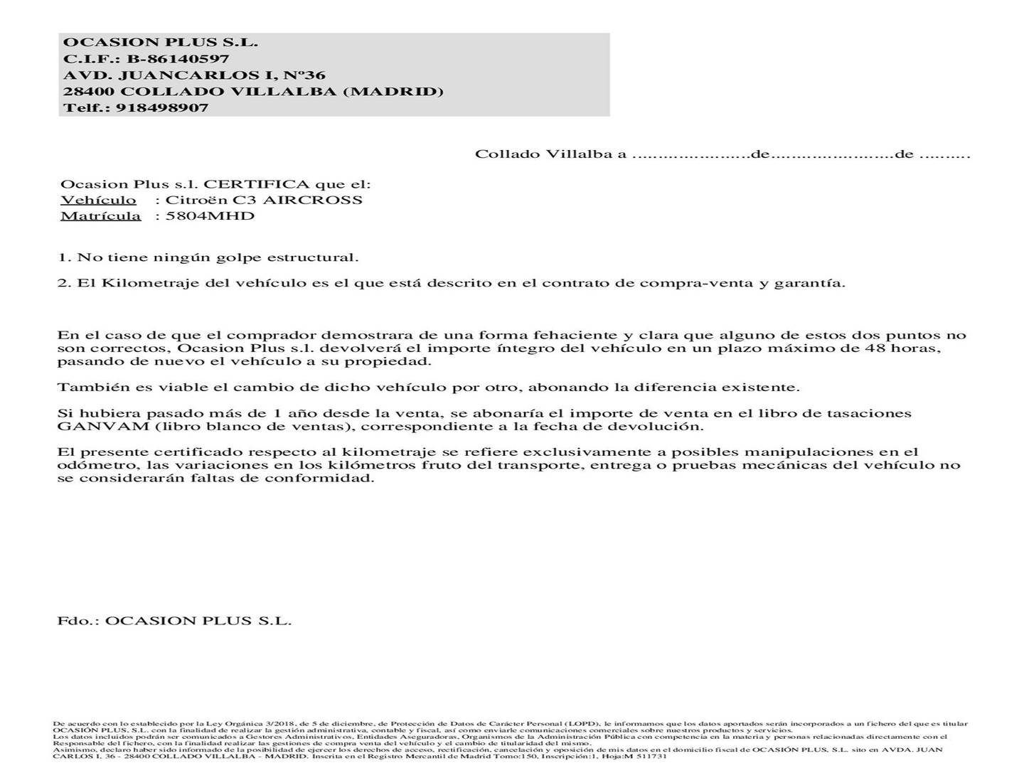 Foto del certificado del Citroën C3 Aircross Citroën C3 Aircross PureTech 110 S&S Shine (110 CV)