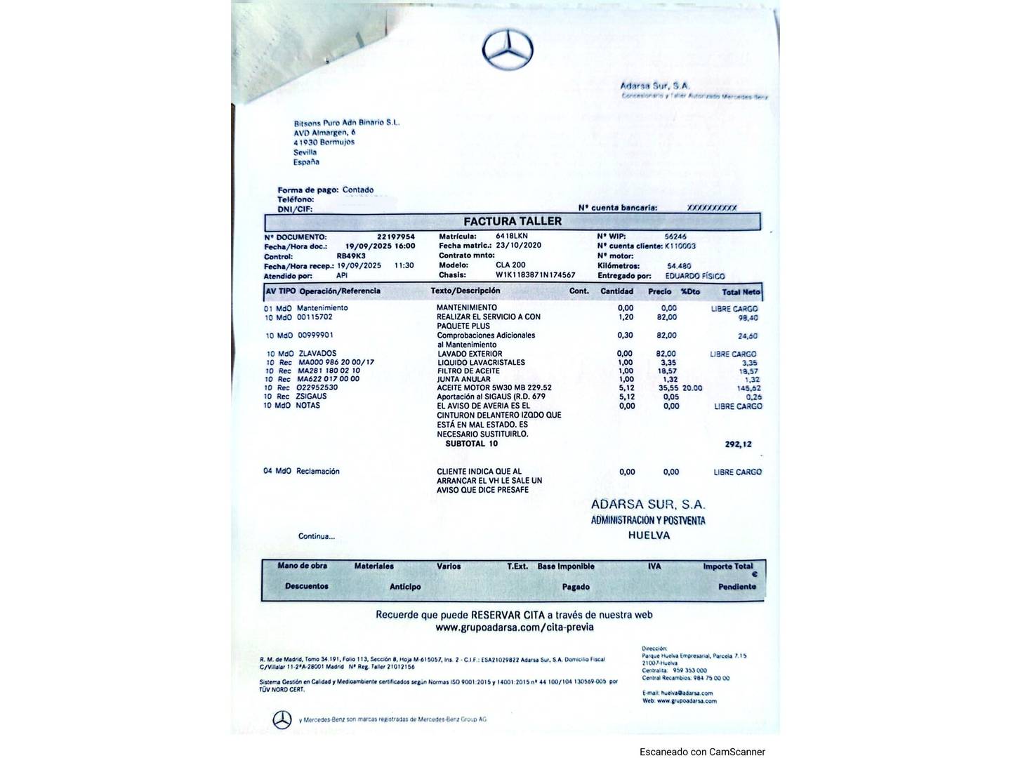Foto del mantenimiento del Mercedes CLA Mercedes CLA 200 (163 CV) Pack AMG