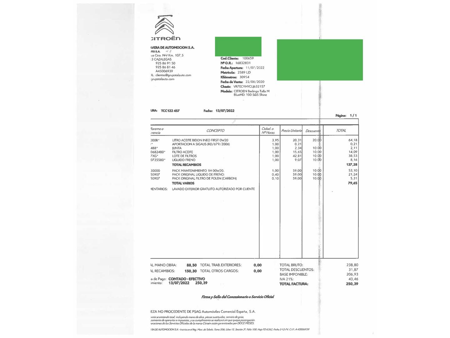 Foto del mantenimiento del Citroën Berlingo Citroën Berlingo BlueHDi 100 S&S Talla M Shine (102 CV)