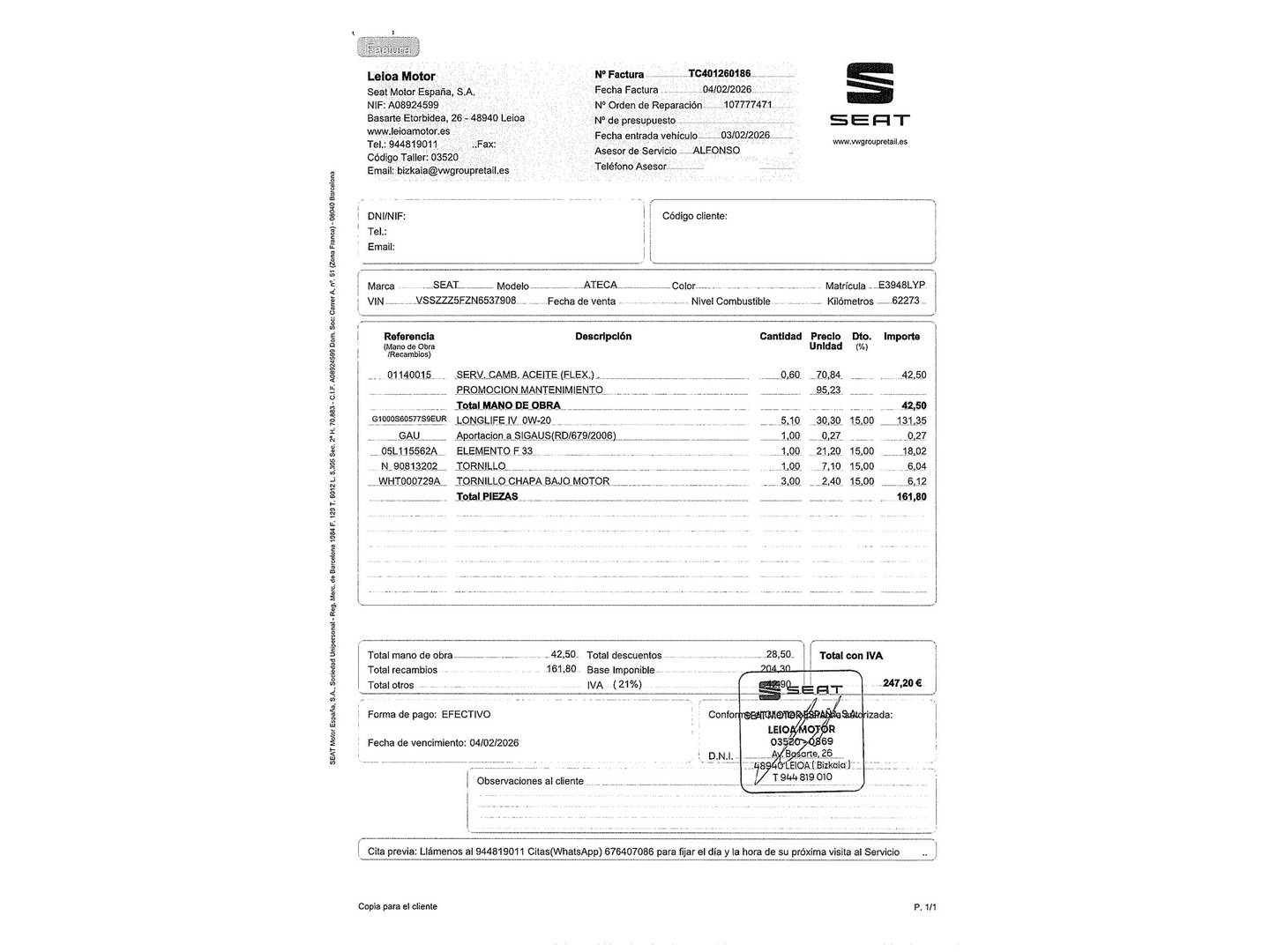 Foto del mantenimiento del Seat Ateca Seat Ateca 2.0 TDI S&S Style Go M DSG (150 CV)