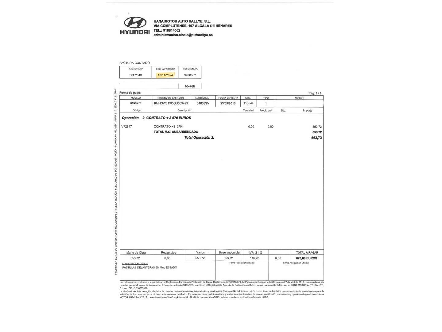 Foto del mantenimiento del Hyundai Santa Fe Hyundai Grand Santa Fe 2.2 CRDI Style Safe Auto 4x4 7 Plazas (200 CV)