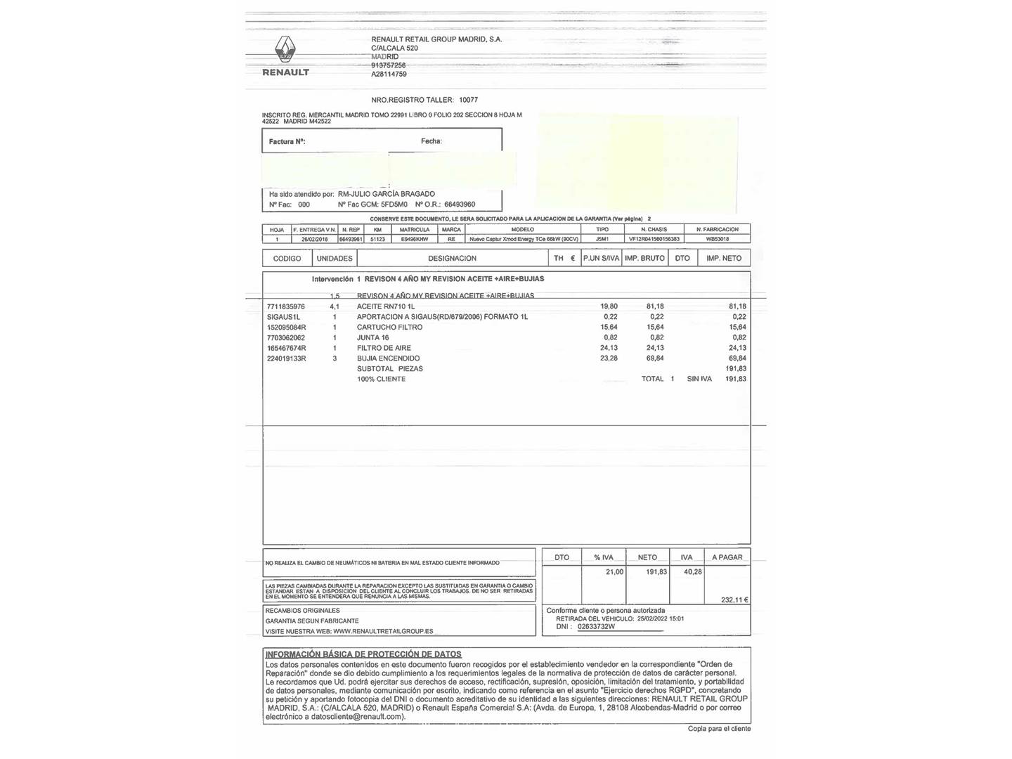 Foto del mantenimiento del Renault Captur Renault Captur TCe 90 Xmod Energy (90 CV)