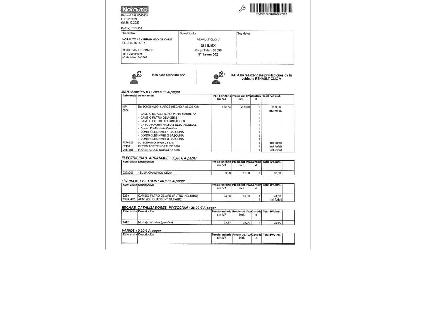 Foto del mantenimiento del Renault Clio Renault Clio Intens TCe (90 CV)