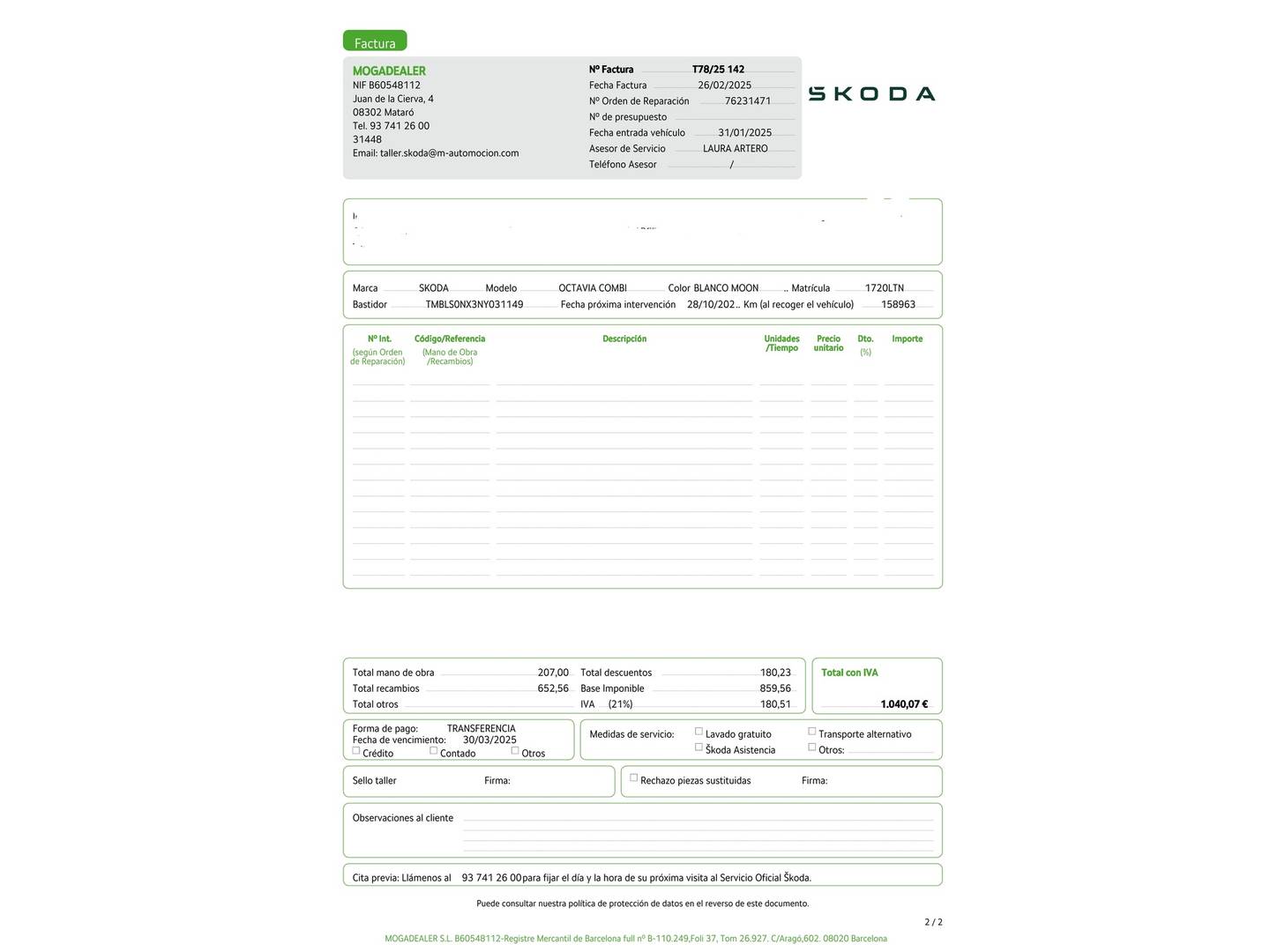 Foto del mantenimiento del Skoda Octavia Skoda Octavia Combi 2.0 TSI 140kW(190CV) DSG 4X4 Scout