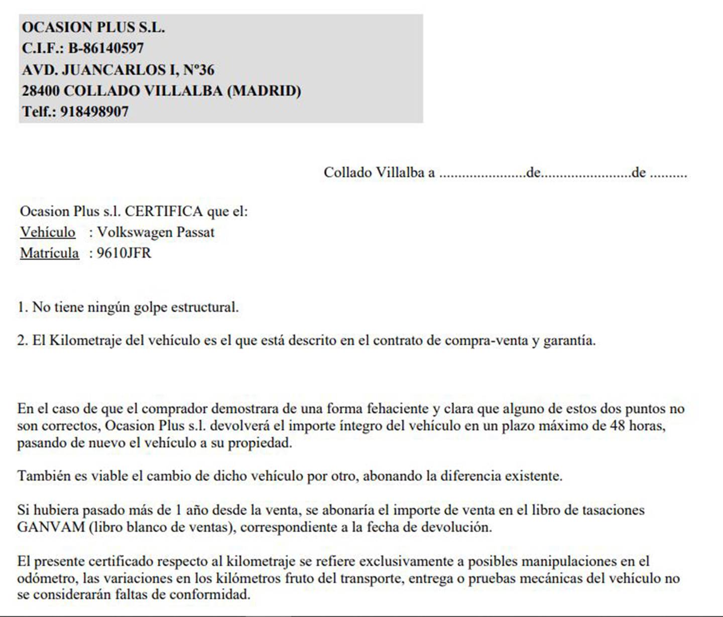 Foto del certificado del Volkswagen Passat Volkswagen Passat Advance 2.0 TDI BMT (150 CV)